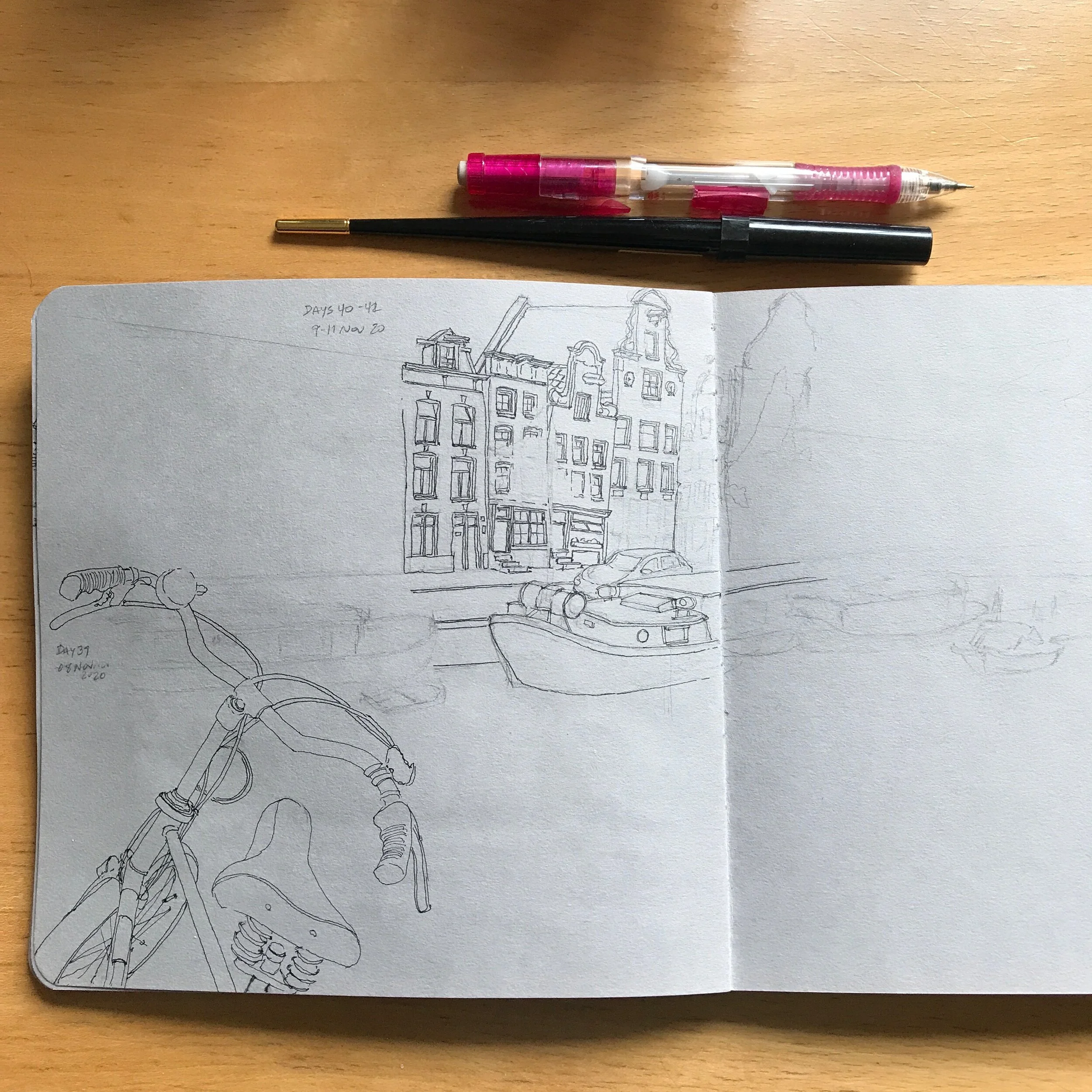 Drawing Amsterdam Dailies, Day 42. I can tell that size creep has begun to occur and mistakes that happened in the beginning are magnifying. I began to ink in the canal boat so it can help me keep the buildings from getting too big. I’m still enjoyi…