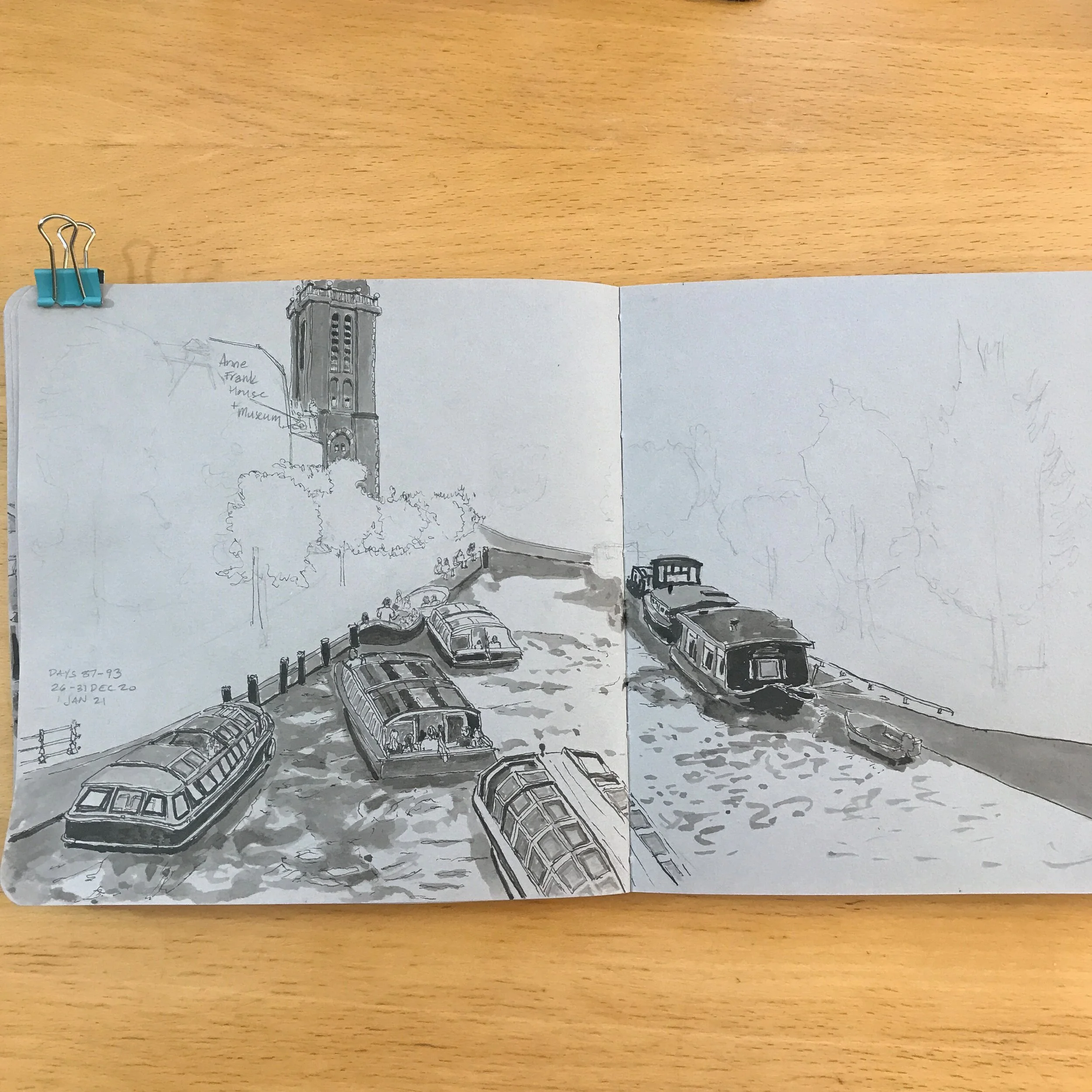 Drawing Amsterdam Dailies, Day 93. Playing with water, reflections and ripples.   Happy New Year!  #amsterdam #traveljournal #creativehabit #dailyhabit #creativity #creativeprocess #canalboats #penandink #wip
