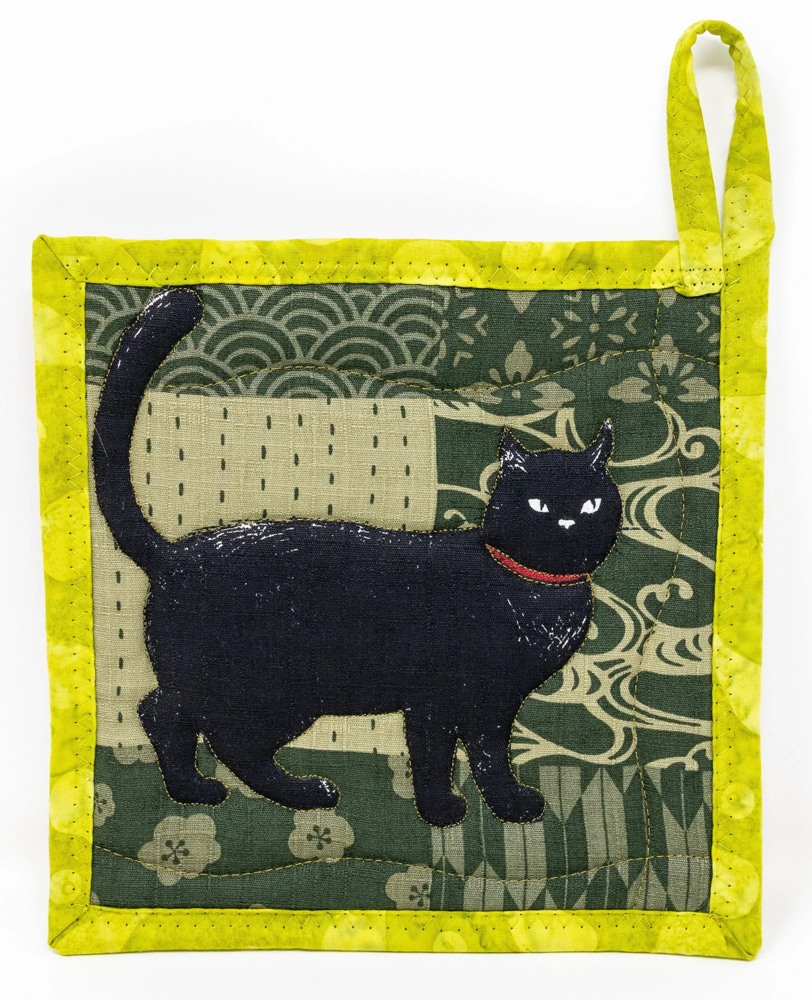 Black Cat on Green Potholder, #1