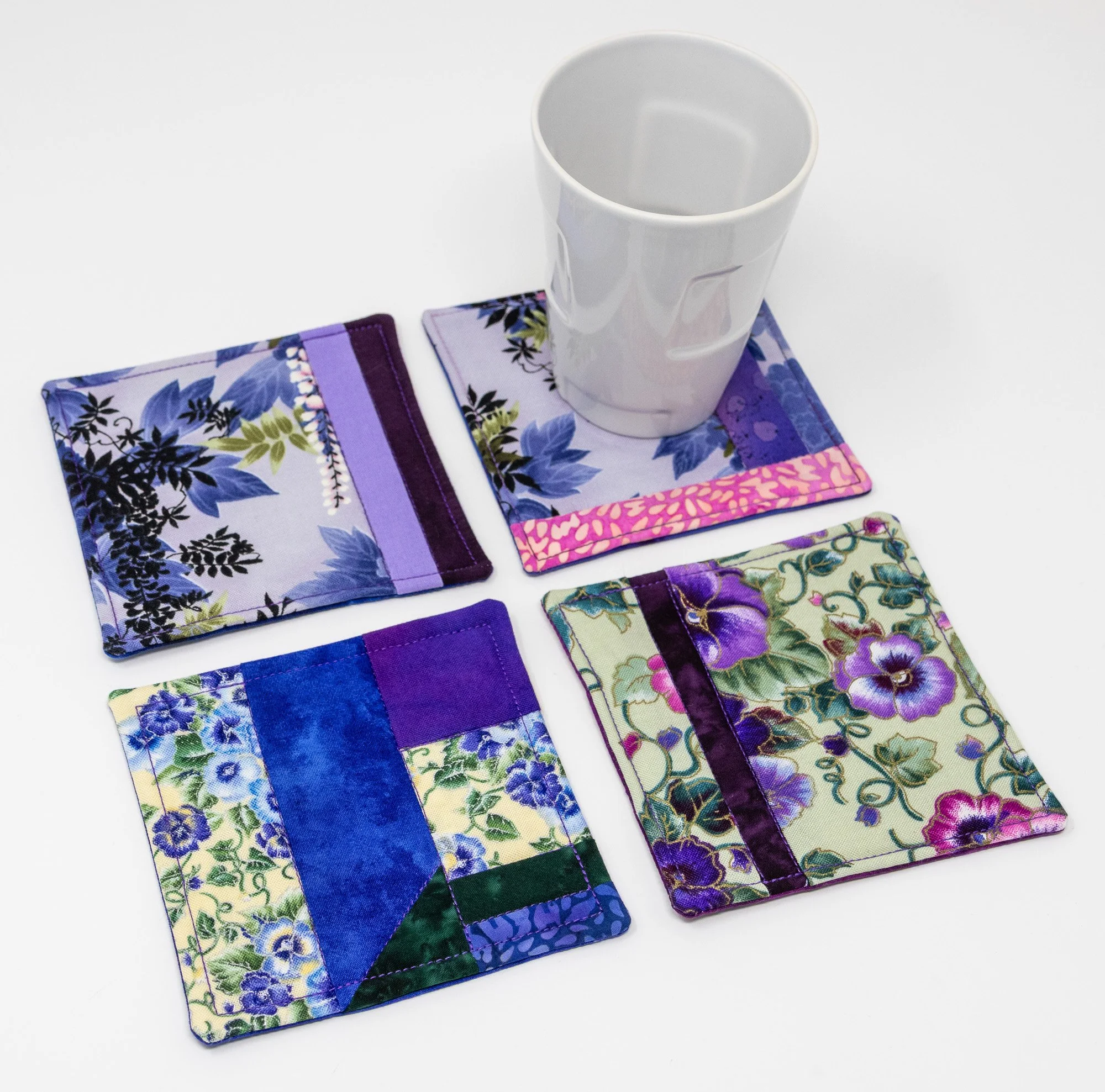 Set of 4 Quilted Fabric Collage Coasters with Pansies and Wisteria