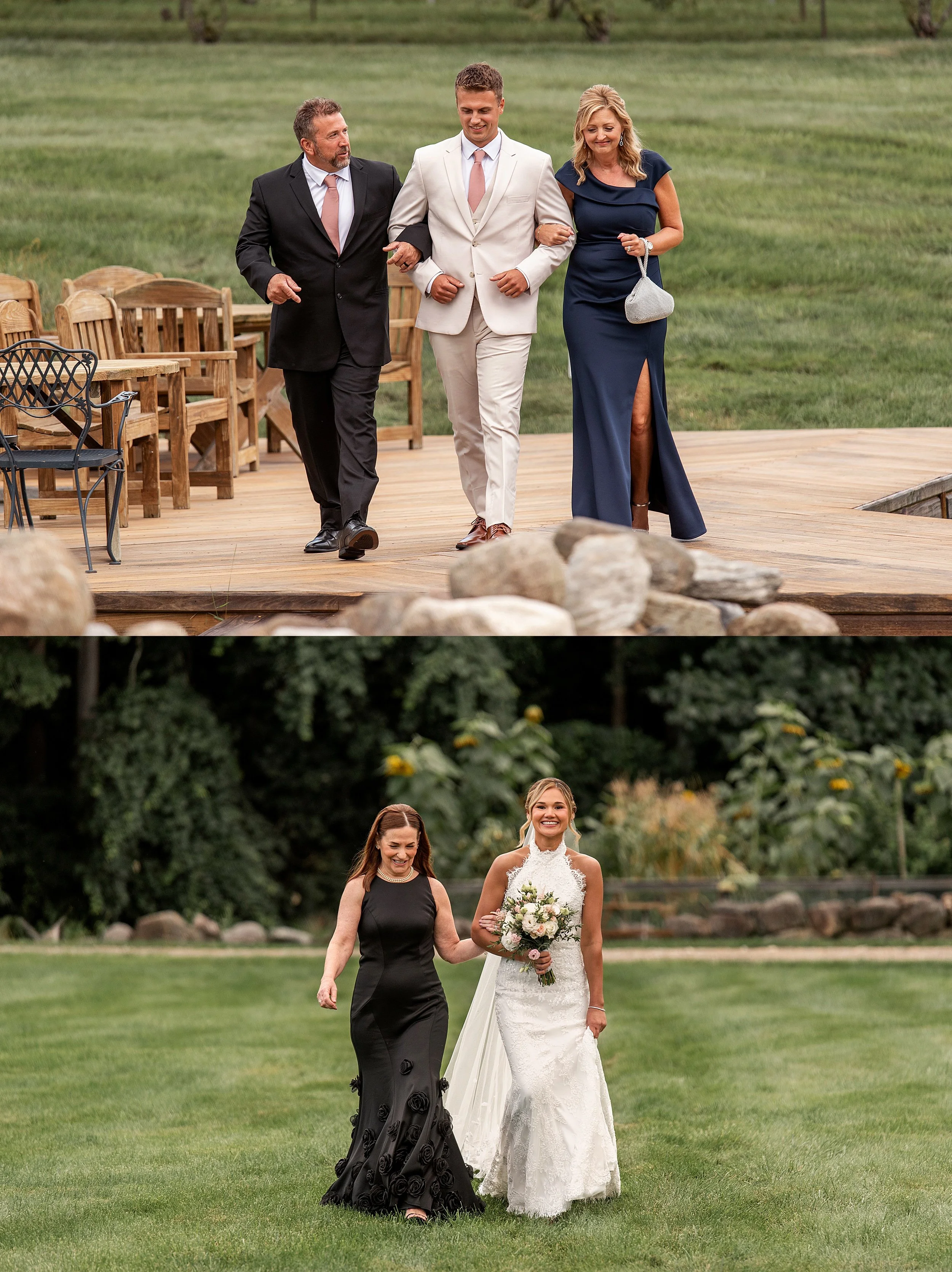 A emotional wedding processional showing a bride walking down the aisle with her mom, and a groom escorted by his mom and dad.