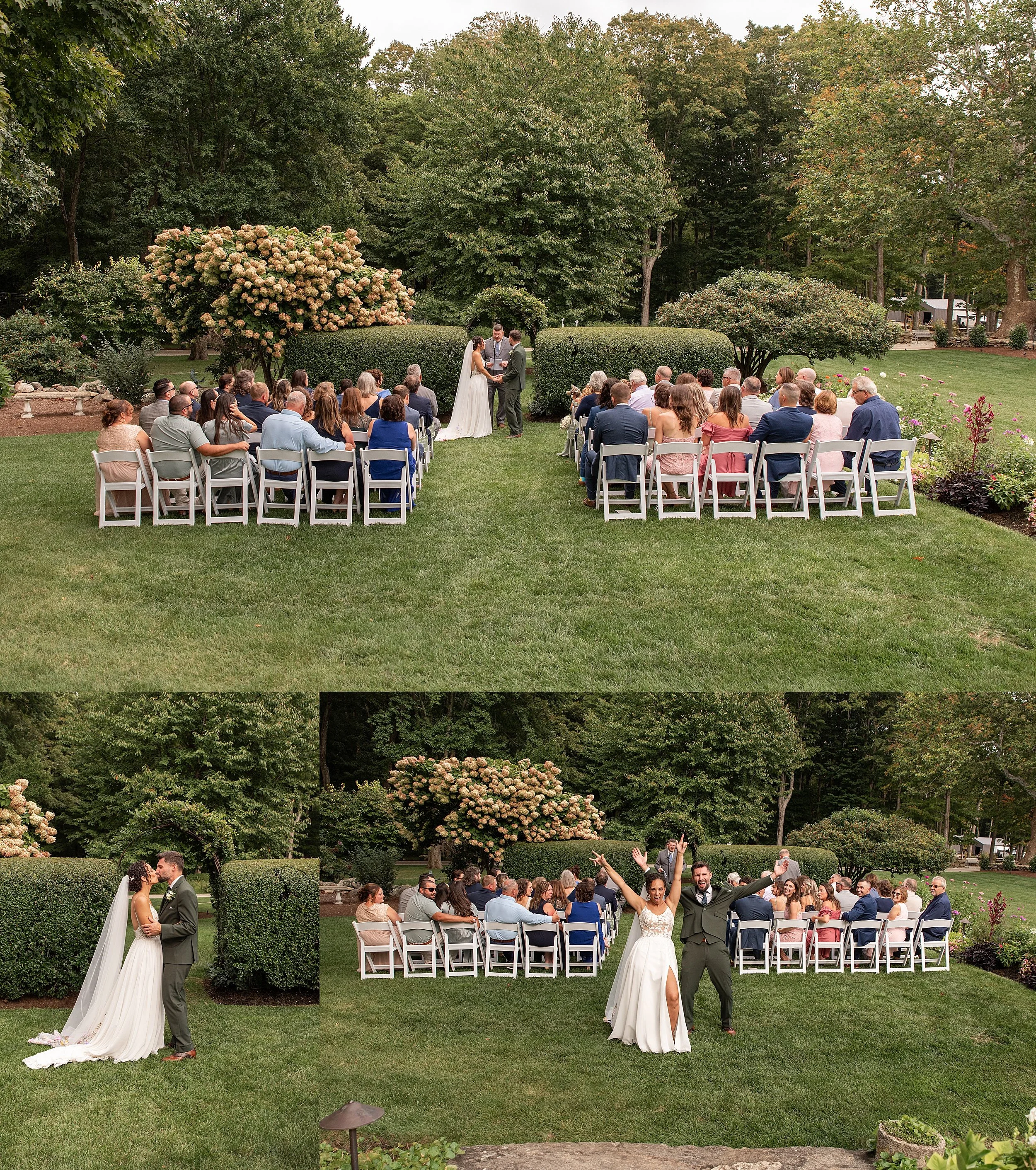 An intimate wedding ceremony in the upper garden at Smith Farm Gardens with guests seated on the lawn.