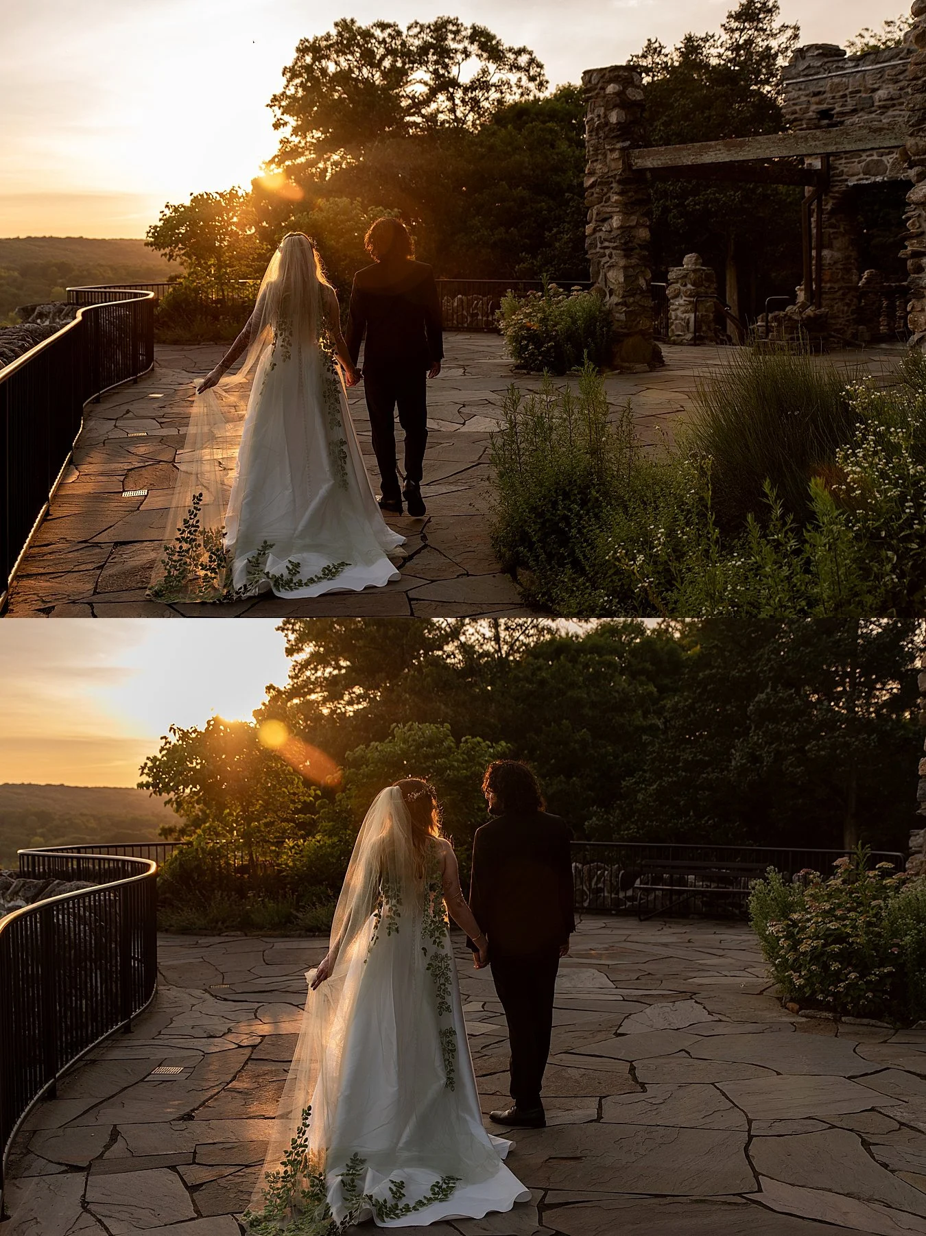 Golden hour elopement photography of a couple looking out at the Connecticut River from Gillette Castle terrace.