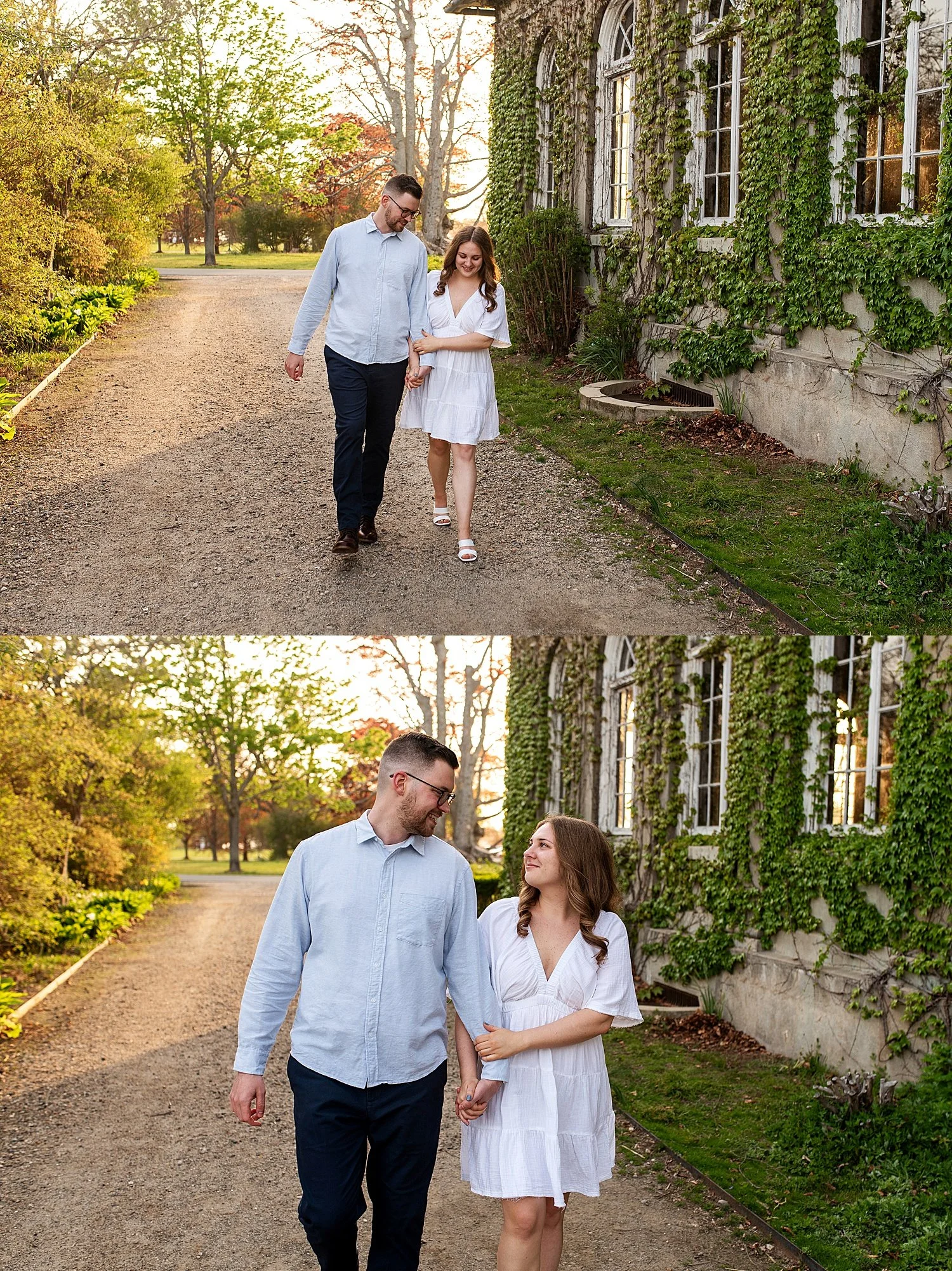 Golden hour engagement photos at Harkness Park with the historic mansion covered in ivy