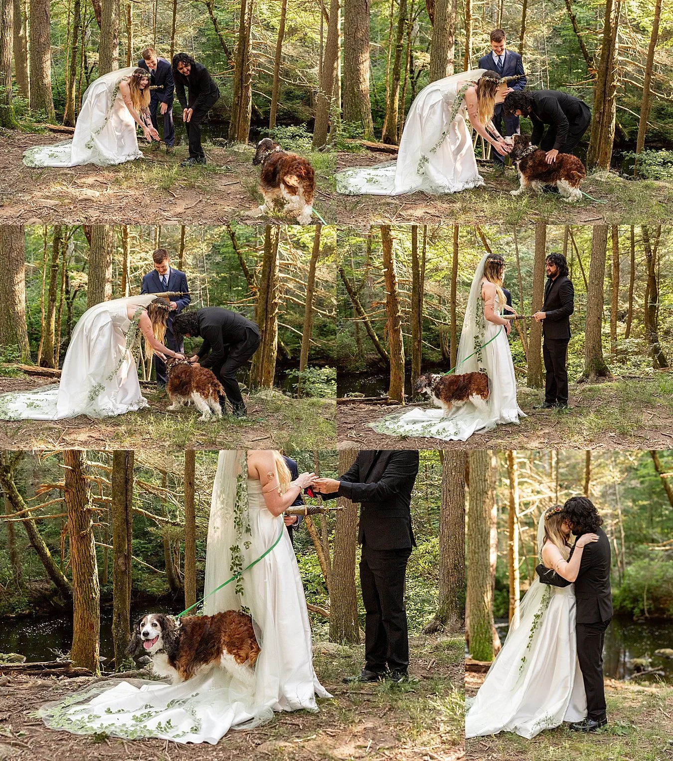 Newly married elopement couple running down a tree lined path into the evening light.