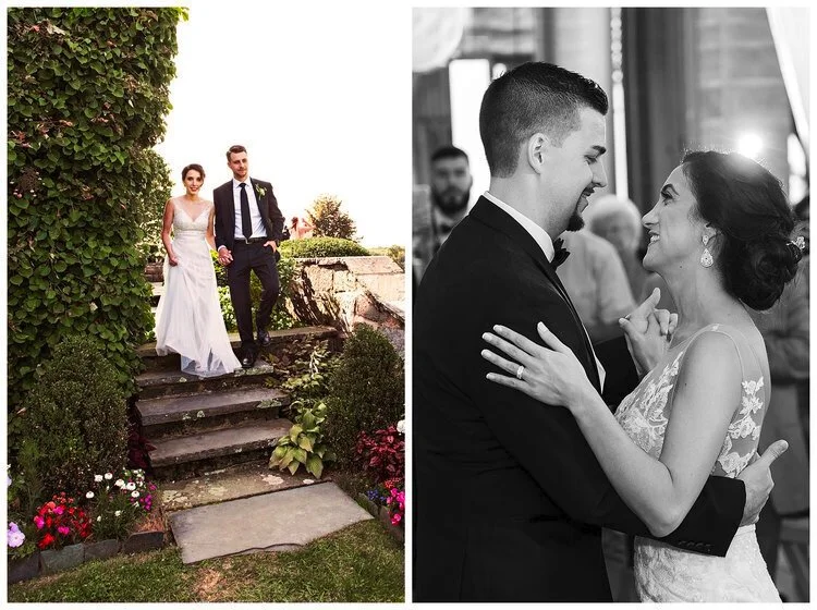 Split image: Left, a bride and groom walk down garden steps. Right, they smile and dance closely at their wedding reception.