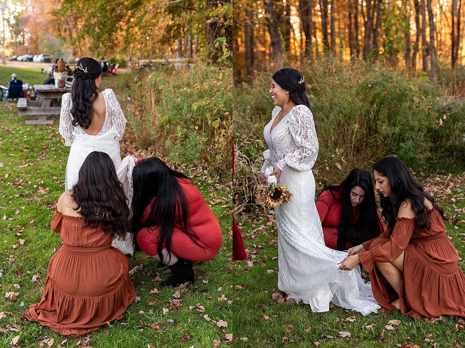 friends helping bride pin up her train during intimate wedding reception