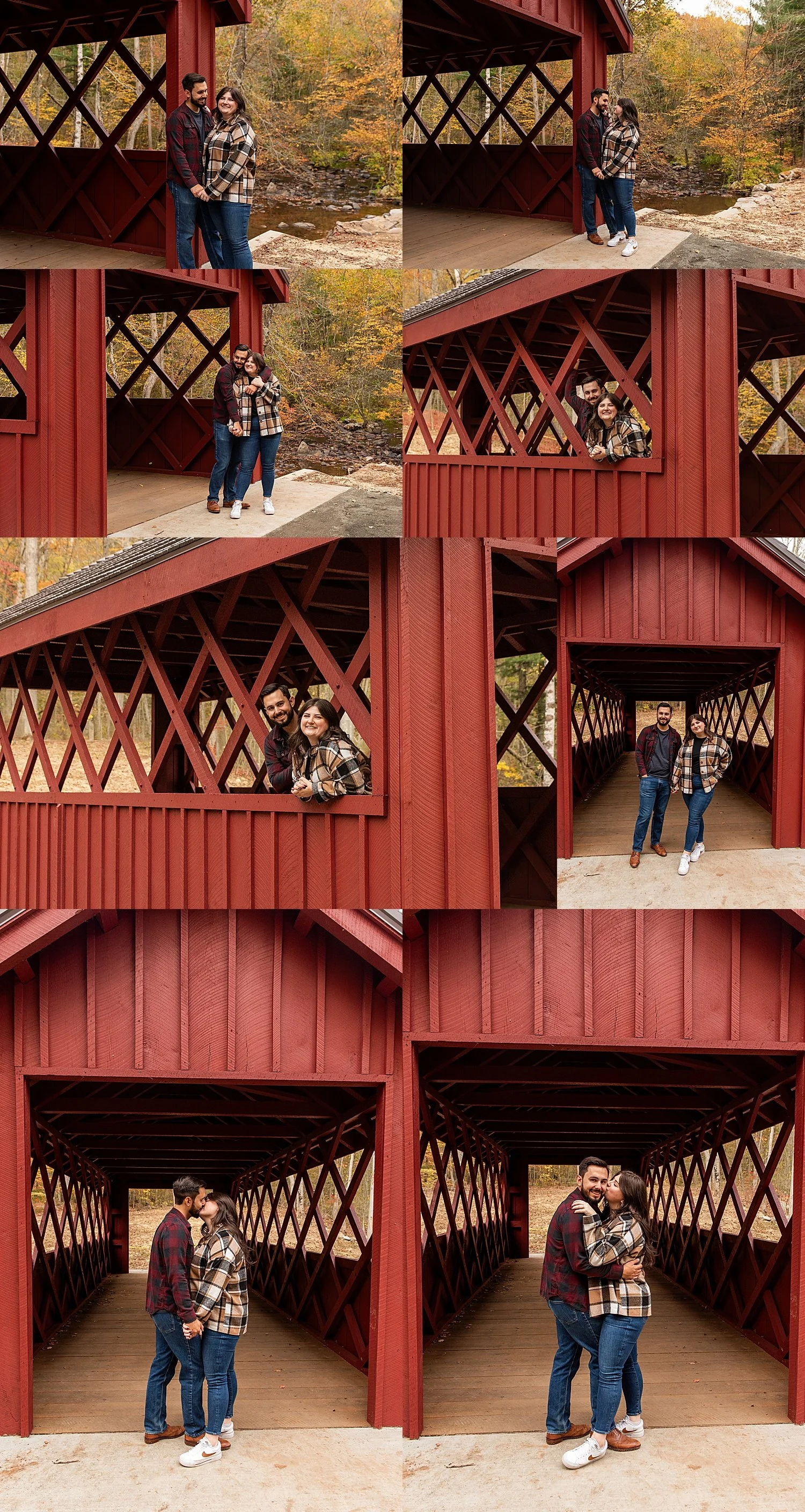 Engaged couple leaning against covered bridge Chatfield Hollow State Park Killingworth CT