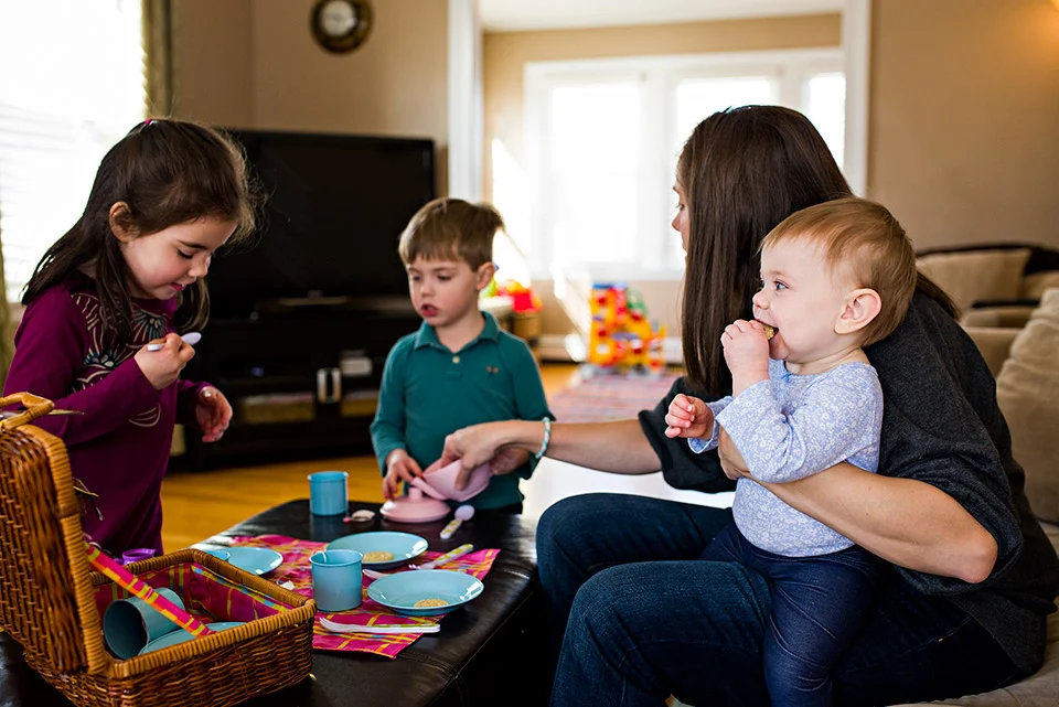 children playing tea party with mom west hartford connecticut documentary family photography