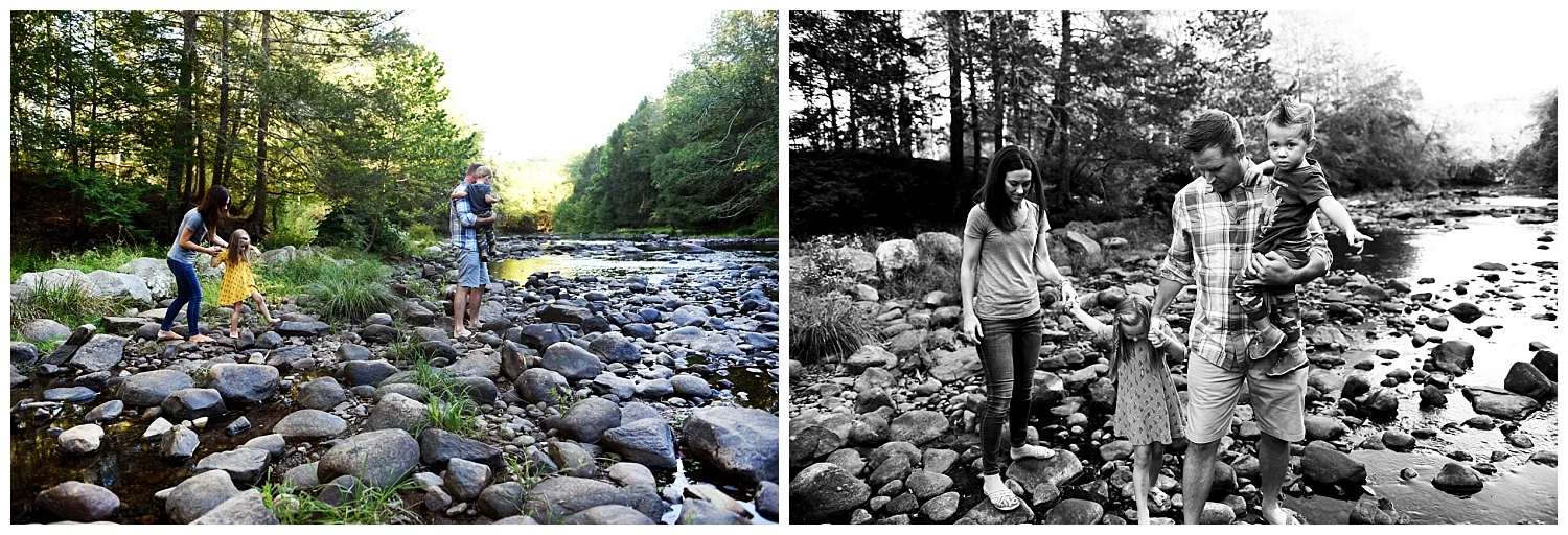 new canaan, ct family photography session in the river. walking in the water fairfield county family photographer