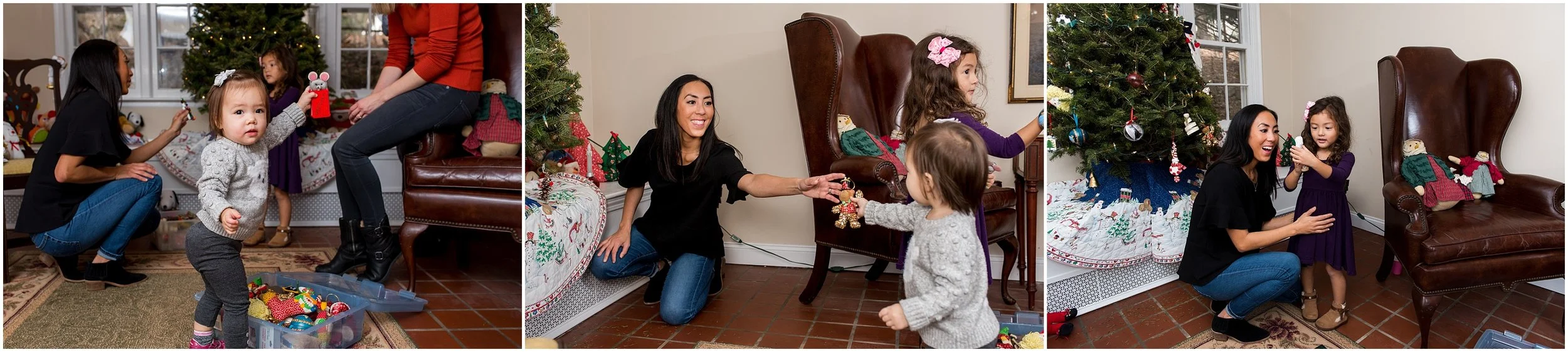 family decorating christmas tree, ct extended family photography
