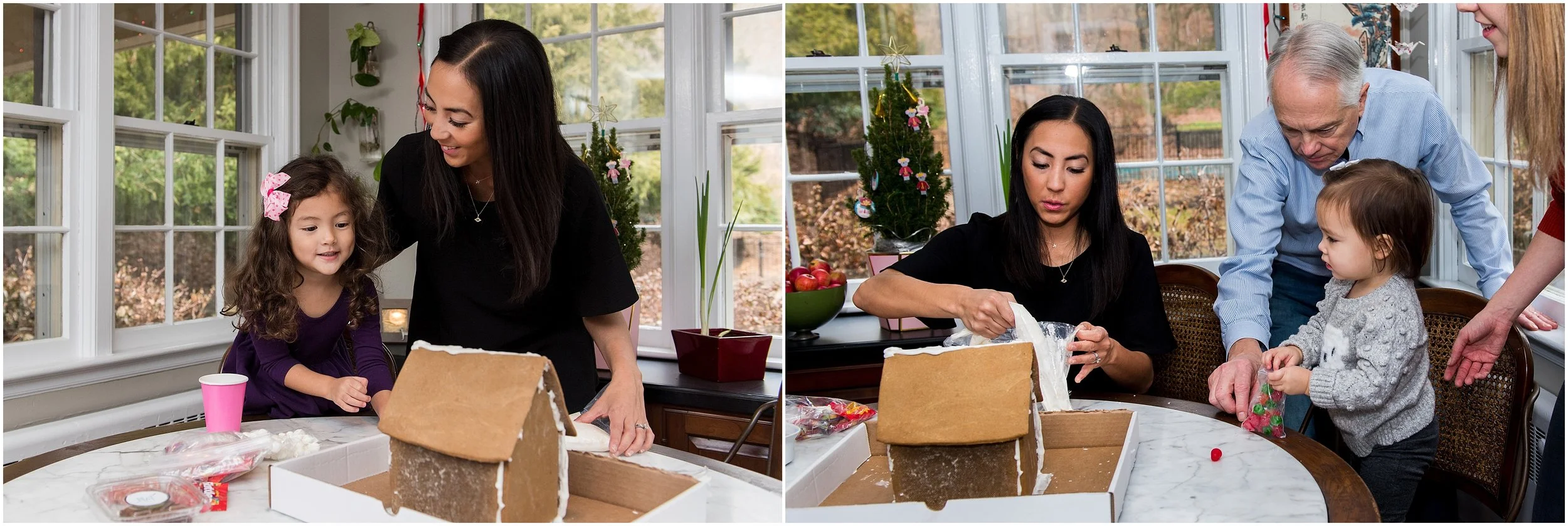 cousins decorating gingerbread house, ct christmas family photography