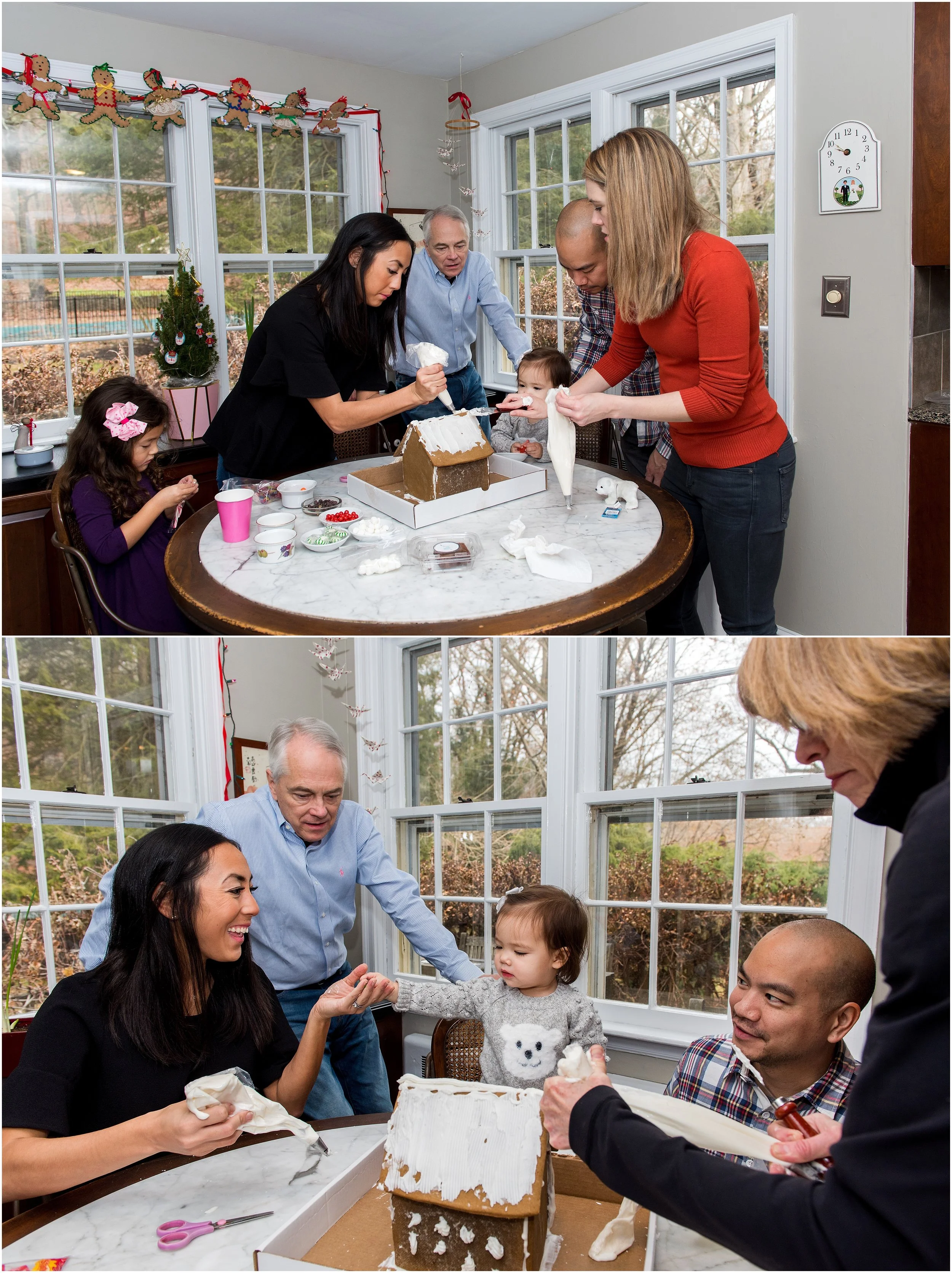 family decorating gingerbread house, new haven county large family photographer connecticut