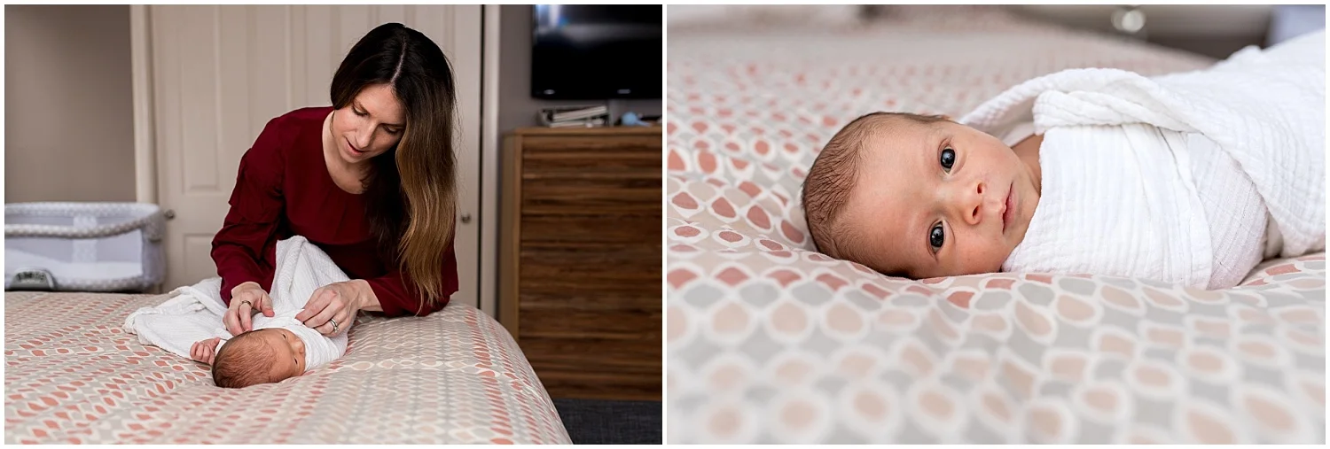 mom swaddling newborn baby. lifestyle newborn photographer ct