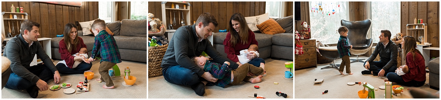 family playing with toys in living room. ctnewborn photographer