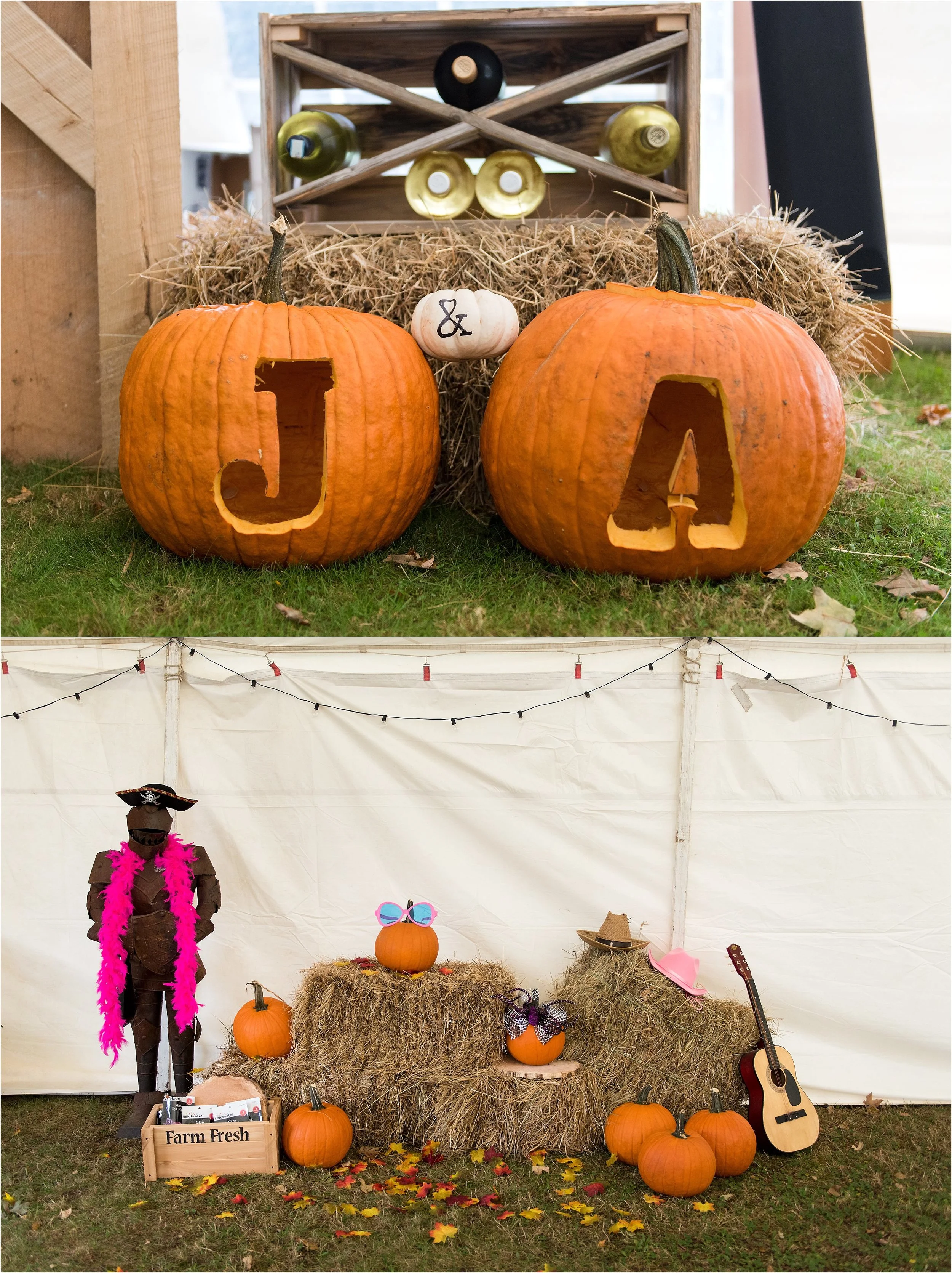 carved pumpkins and hay rustic wedding decor