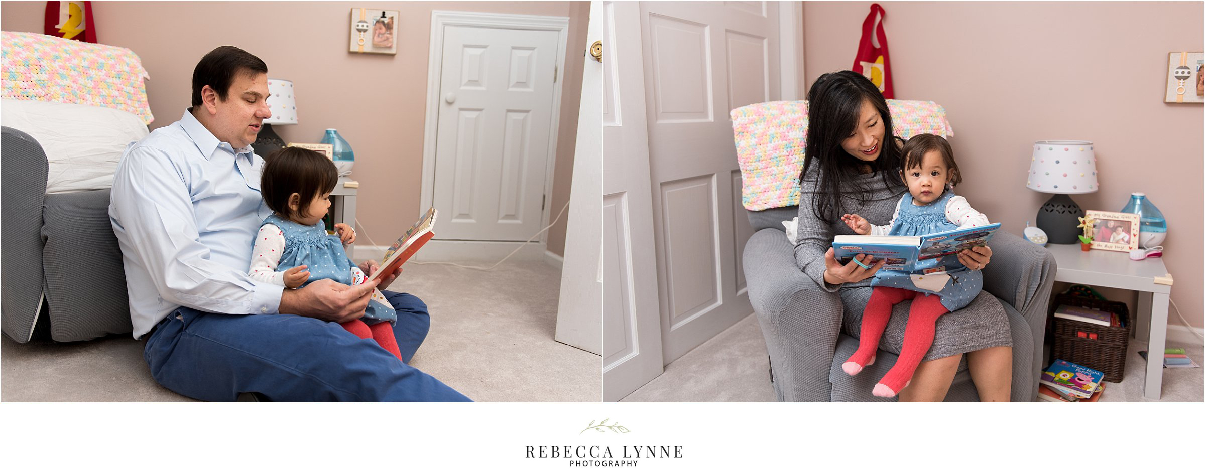 maternity photographer ct. mom and dad reading books in nursery. 
