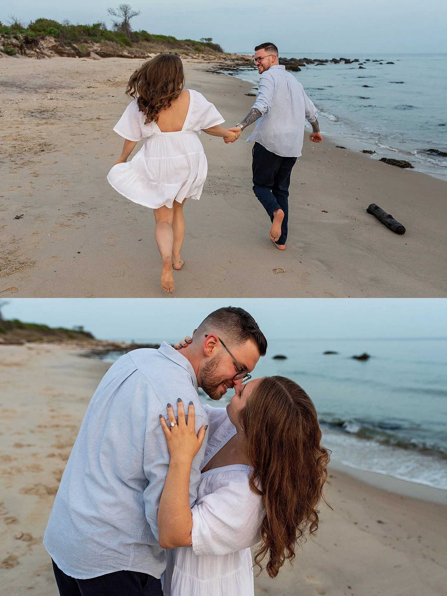 Coastal engagement proposal photo with couple standing by the seawall at Harkness Park.
