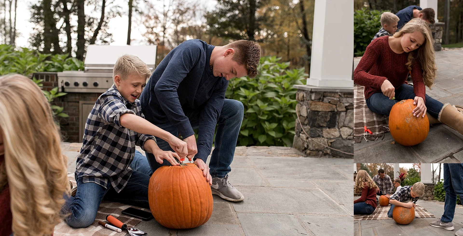 litchfield county family carving pumpkins during family photography