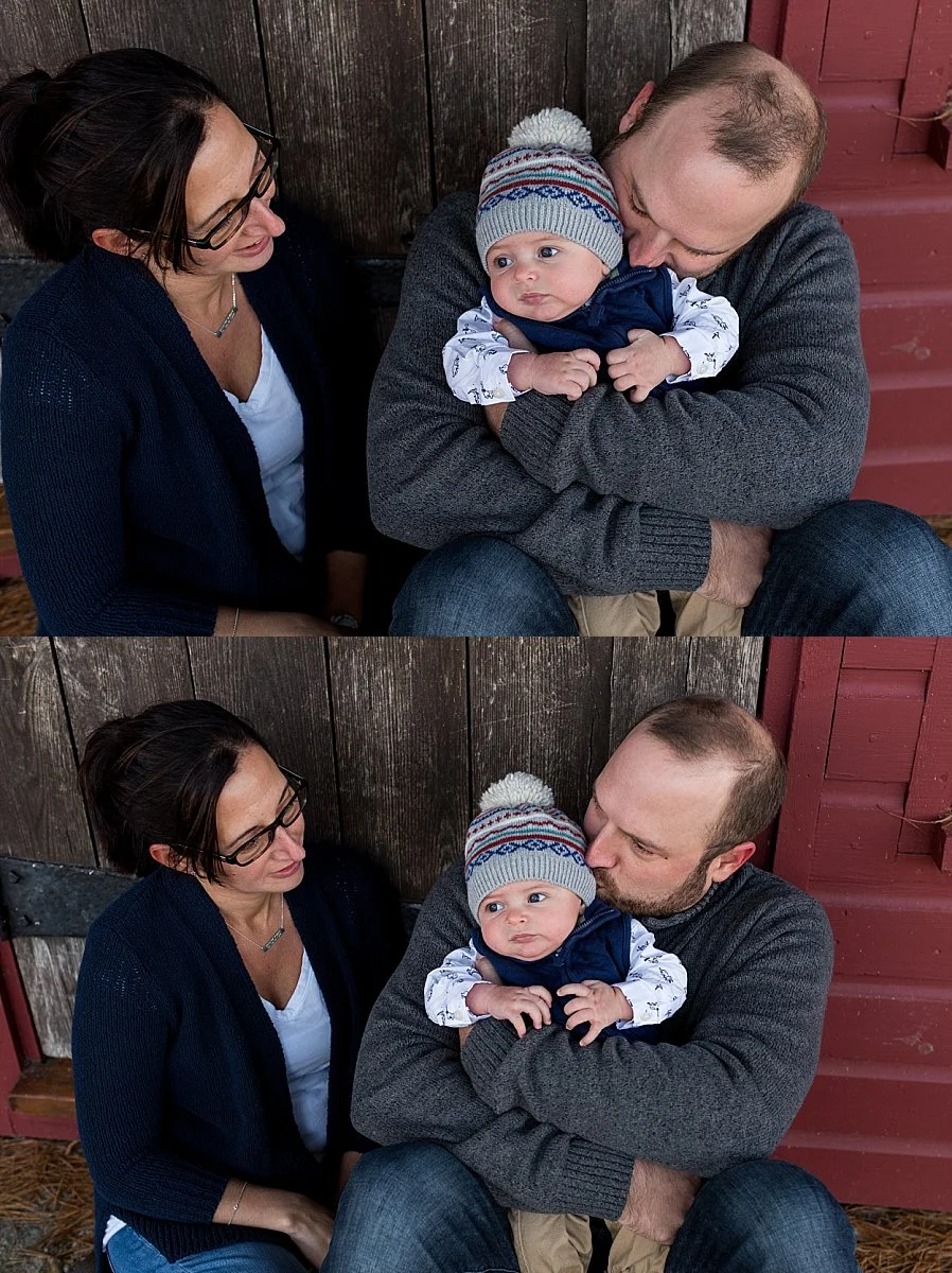 Dad hugging baby boy during a Winter family photography session in Connecticut