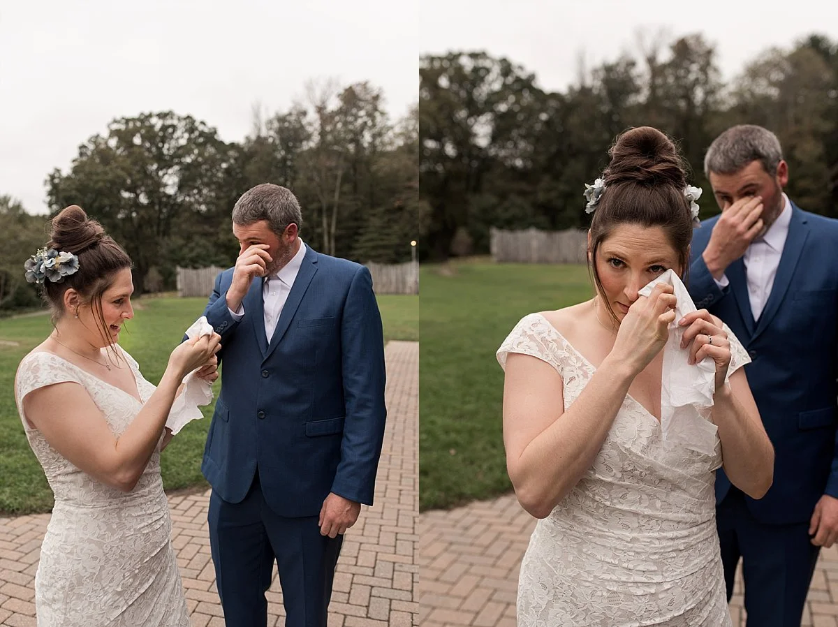 Emotional bride and groom during their first look before their wedding ceremony. connecticut wedding photography
