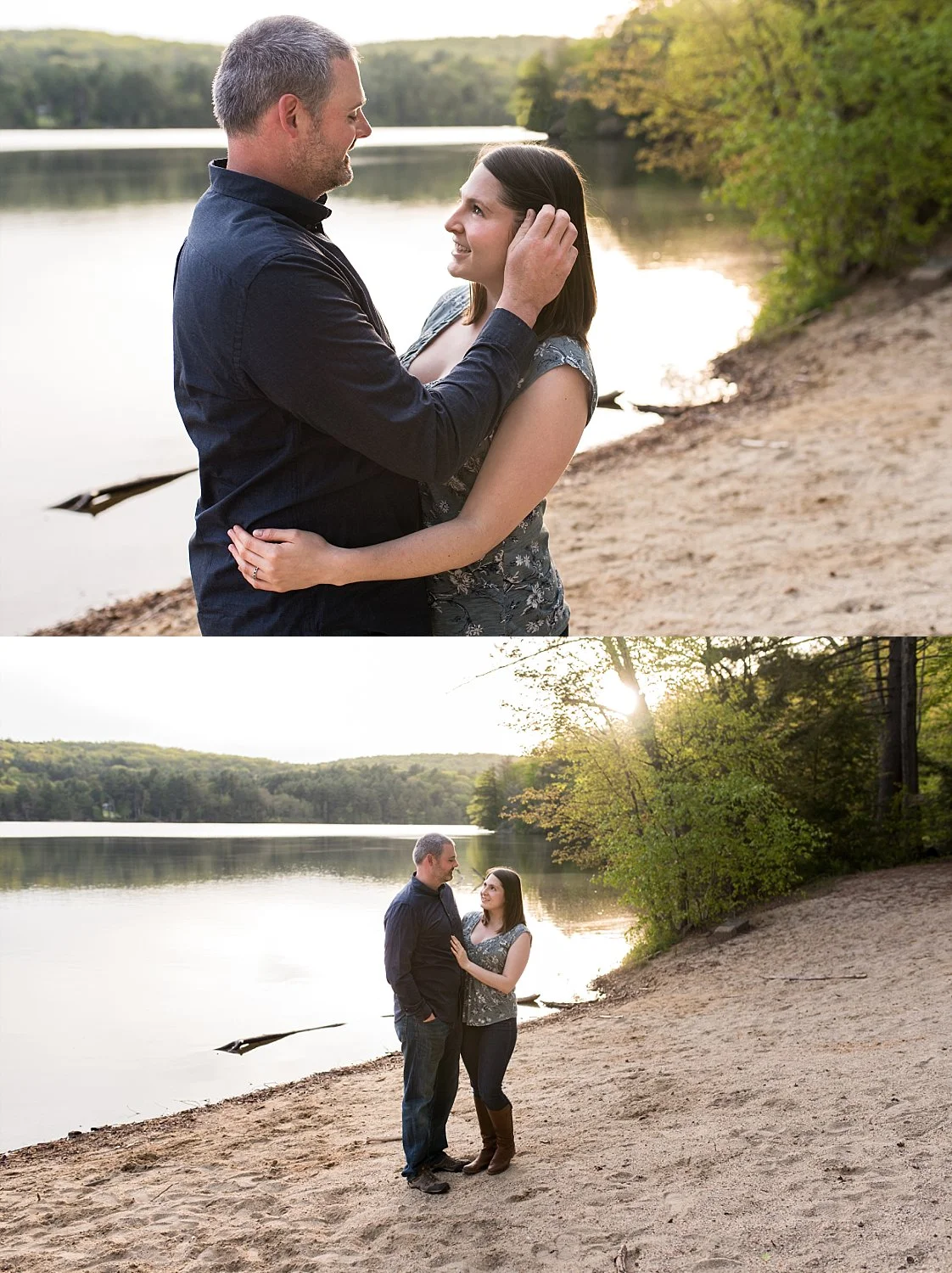Engaged couple standing in the sand at sunset during their CT engagement photography session