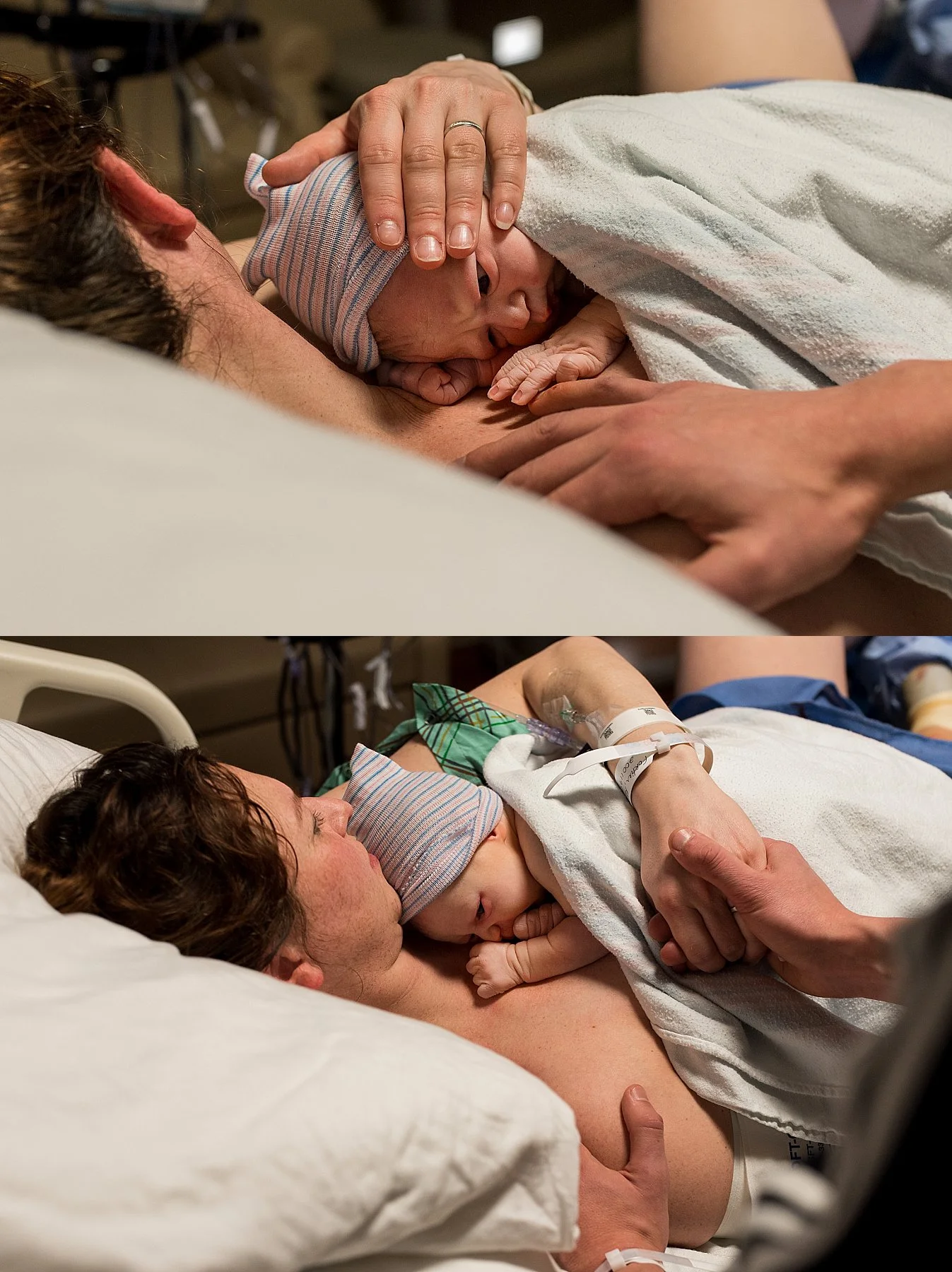 Birth photographer CT. Mother doing skin to skin with newborn daughter at Hartford Hospital.