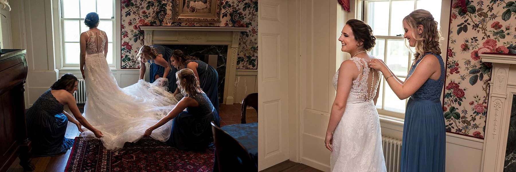 Bride getting ready in bridal suite at the Hillstead Museum in Connecticut