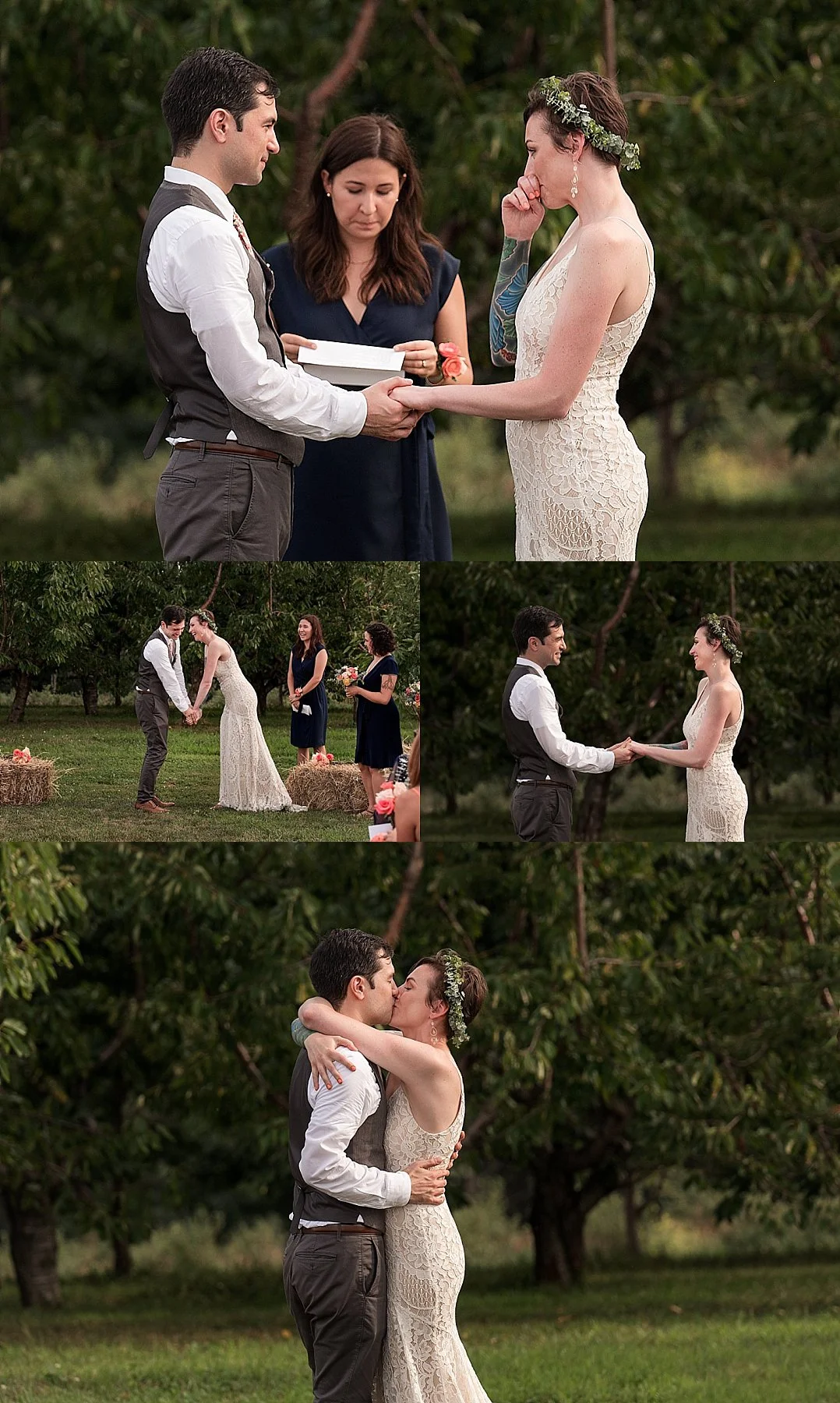 bride and grooms first kiss during connecticut farm wedding