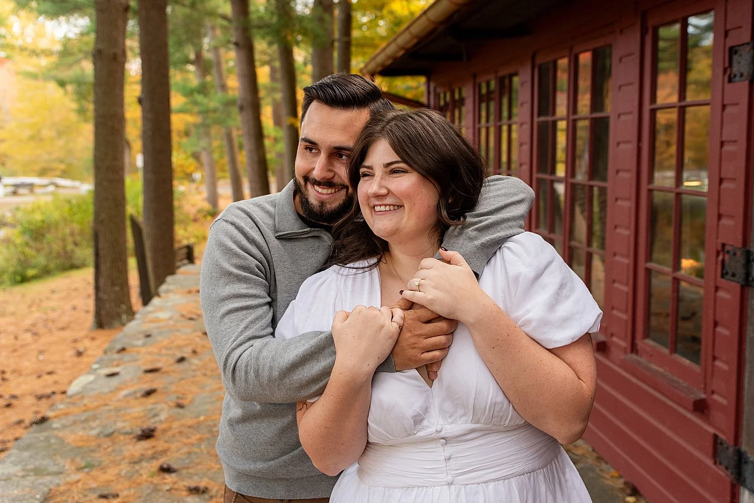 Chatfield Hollow State Park landscape with engaged couple foreground Killingworth CT
