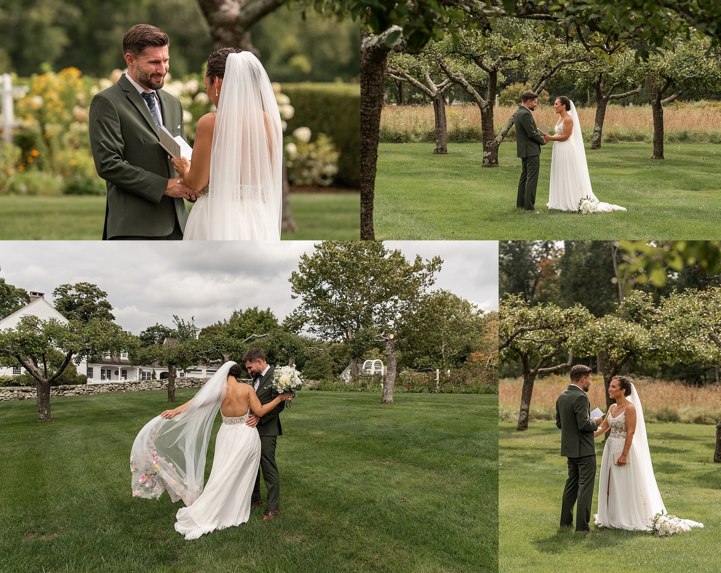 A couple sharing a private first look and reading vows in the organic apple orchard at Smith Farm Gardens in East Haddam CT