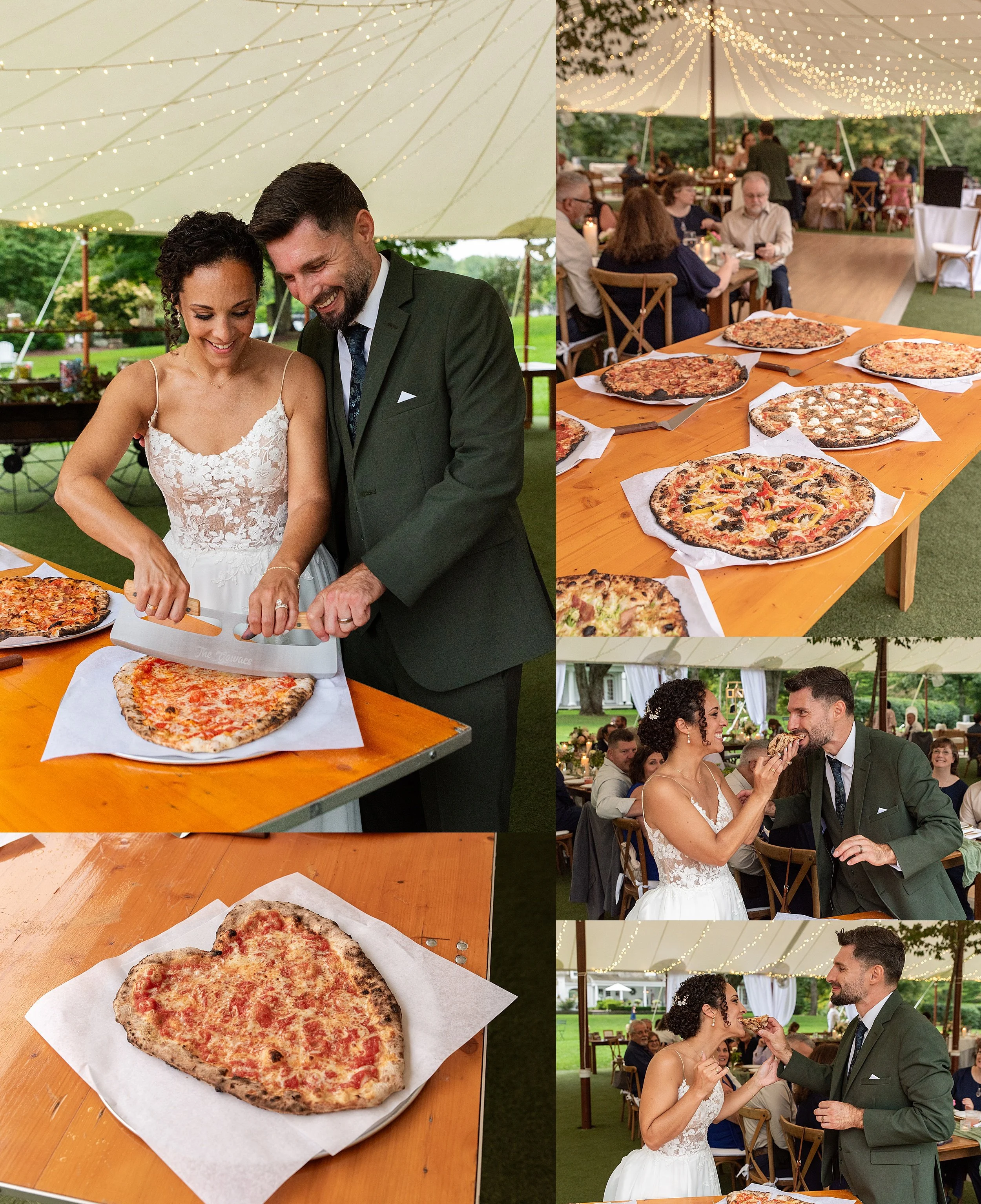 A bride and groom doing a heart-shaped pizza cutting instead of a cake cutting under a sailcloth tent reception.