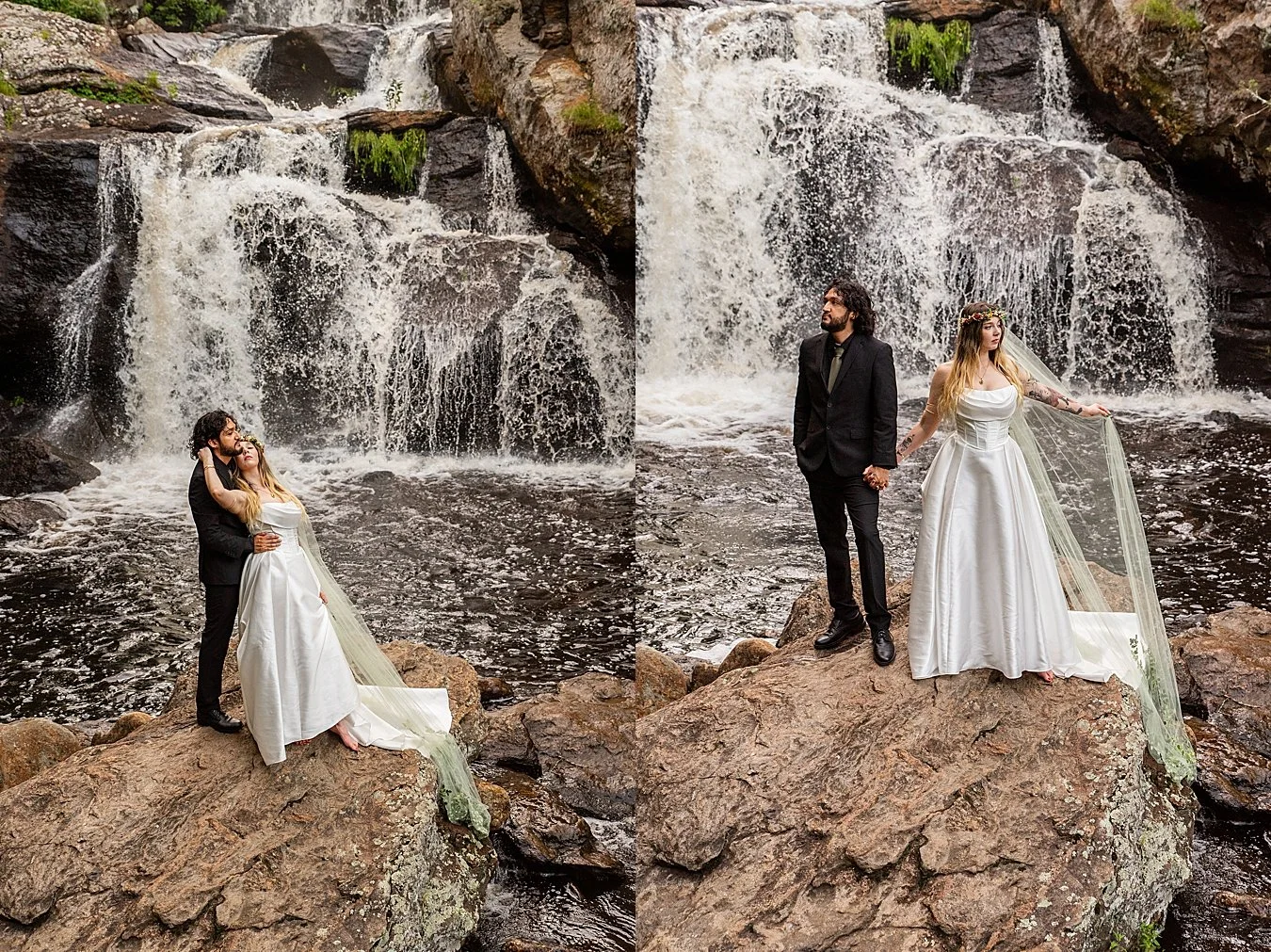 bride and groom in front of waterfall in East Haddam, CT Elopement