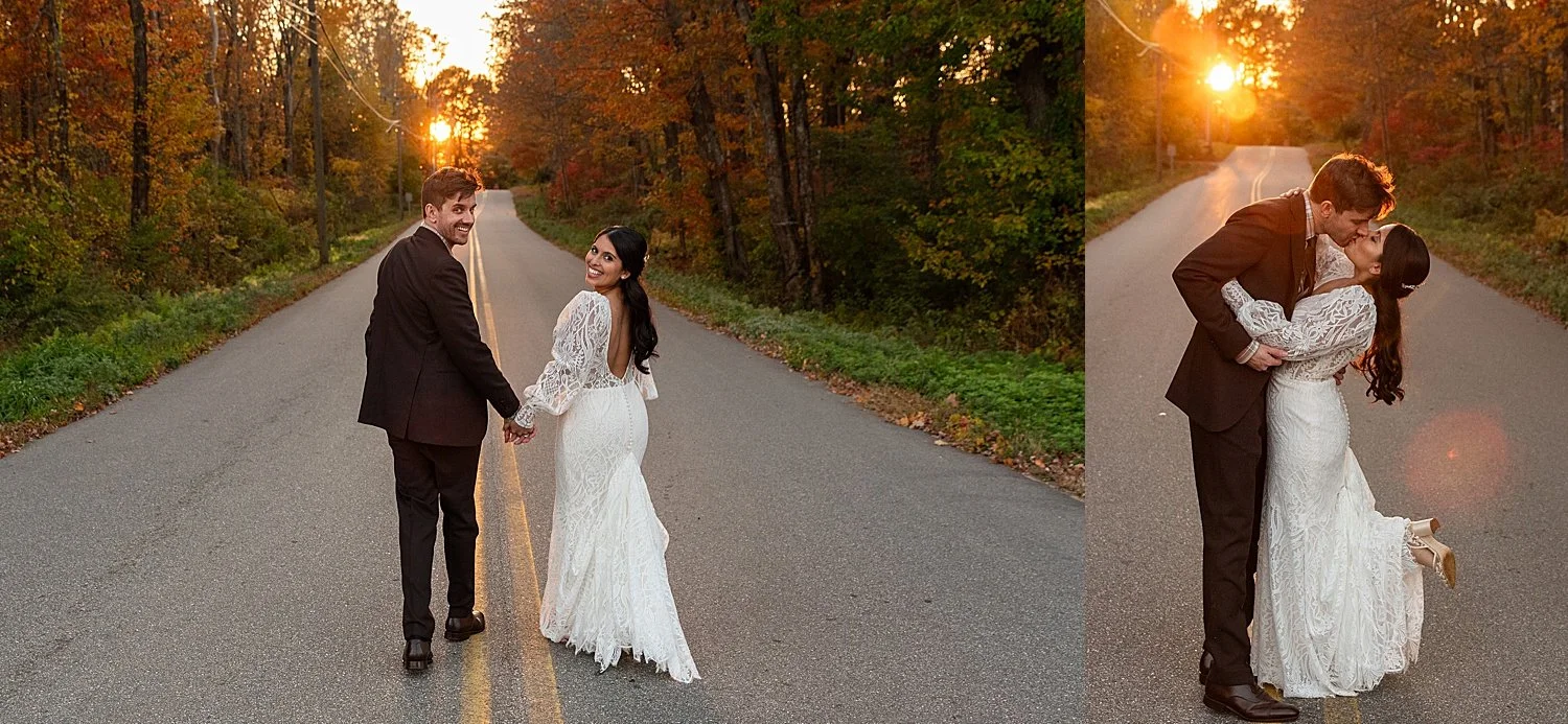 bride and groom walking in the golden sunset during portraits