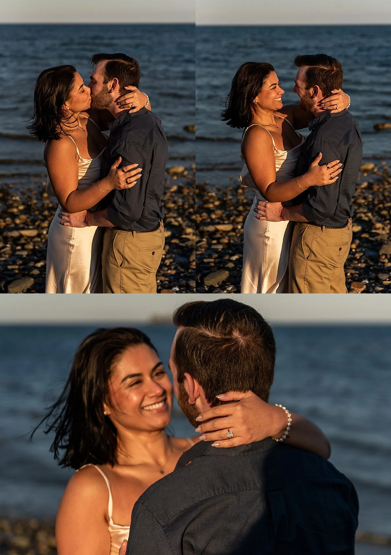 An intimate proposal moment captured near the rock jetty at Gulf Beach in Milford