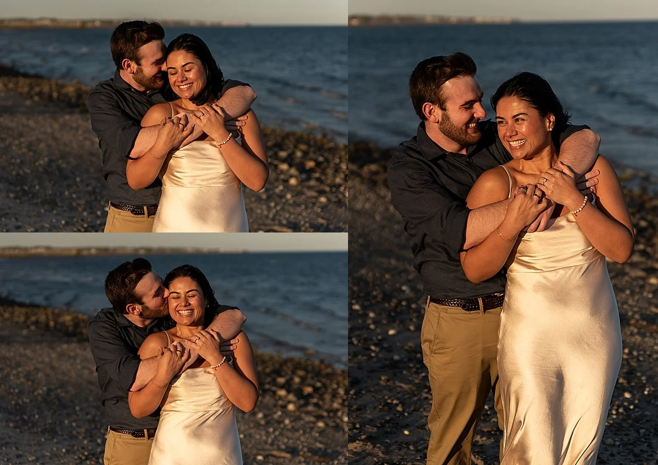 A portrait of the newly engaged couple showing off the ring at a Milford beach.