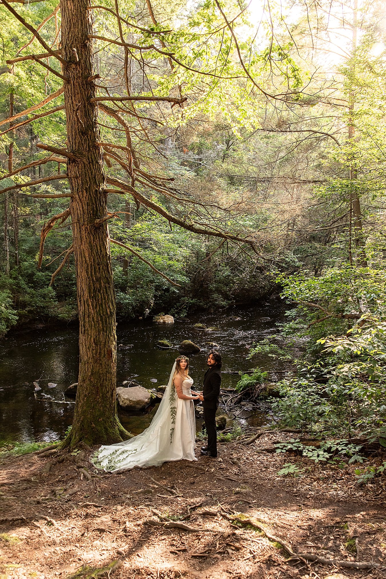 Emotional first look moment between a bride and groom tucked inside a dense hemlock grove.
