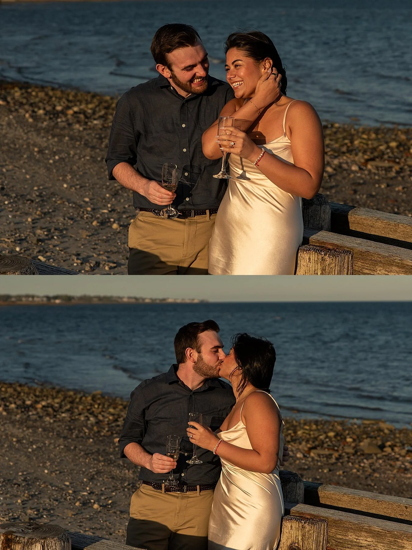 Golden hour portraits of a couple following their surprise proposal in Milford.