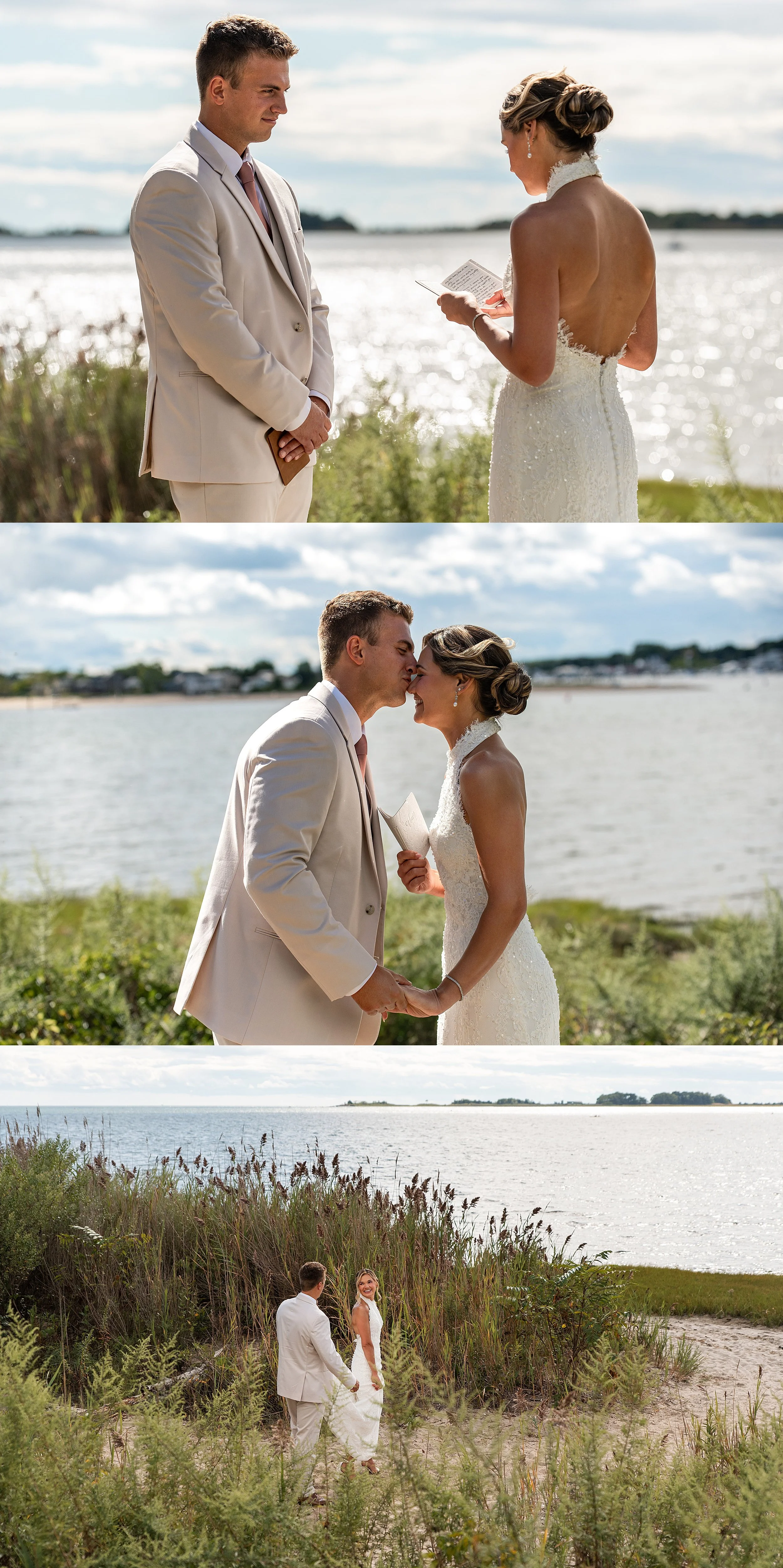 A bride and groom exchanging intimate private wedding vows directly on the sand at Clinton Town Beach on the Connecticut shoreline.