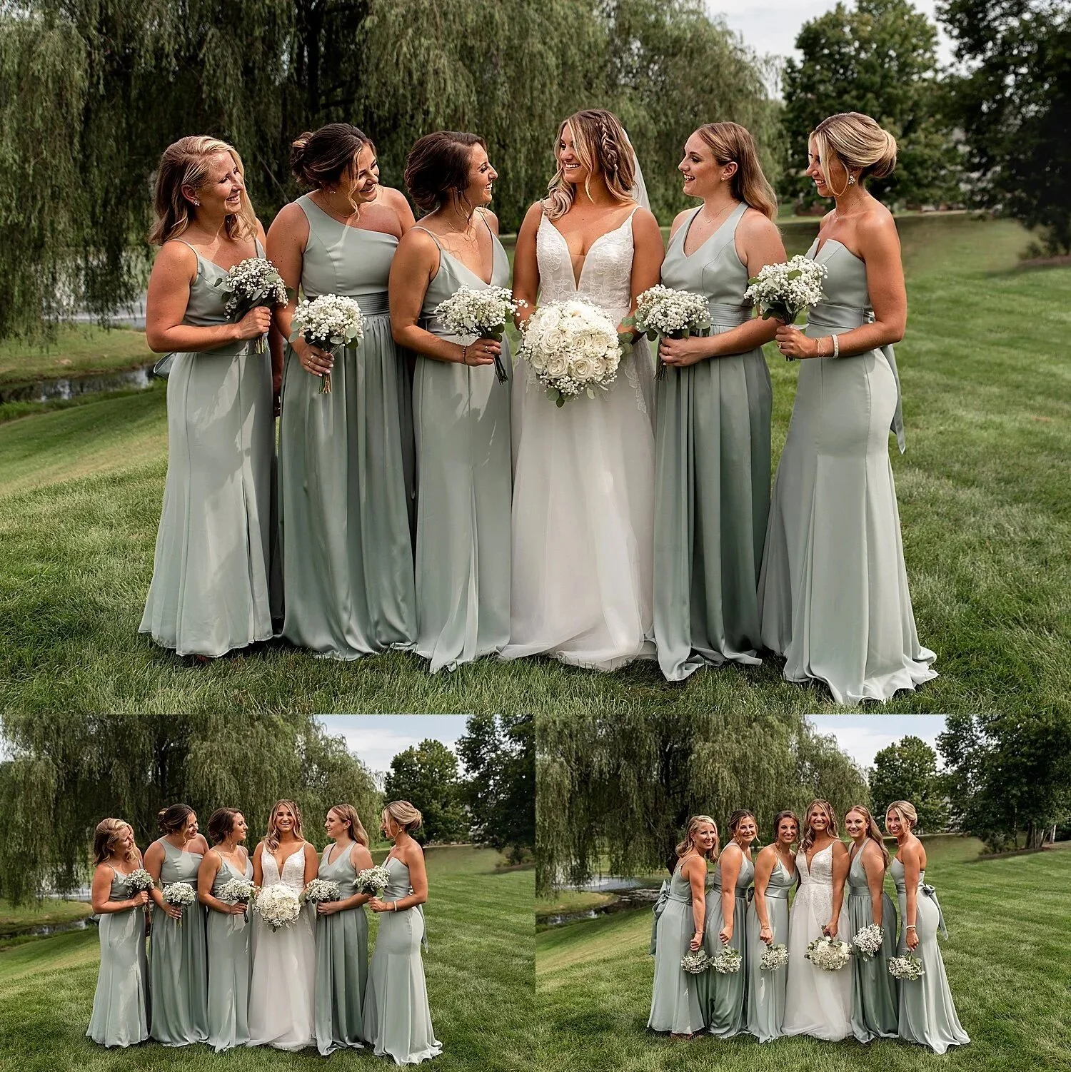 bride with bridesmaids on the lawn of Middletown CT wedding reception