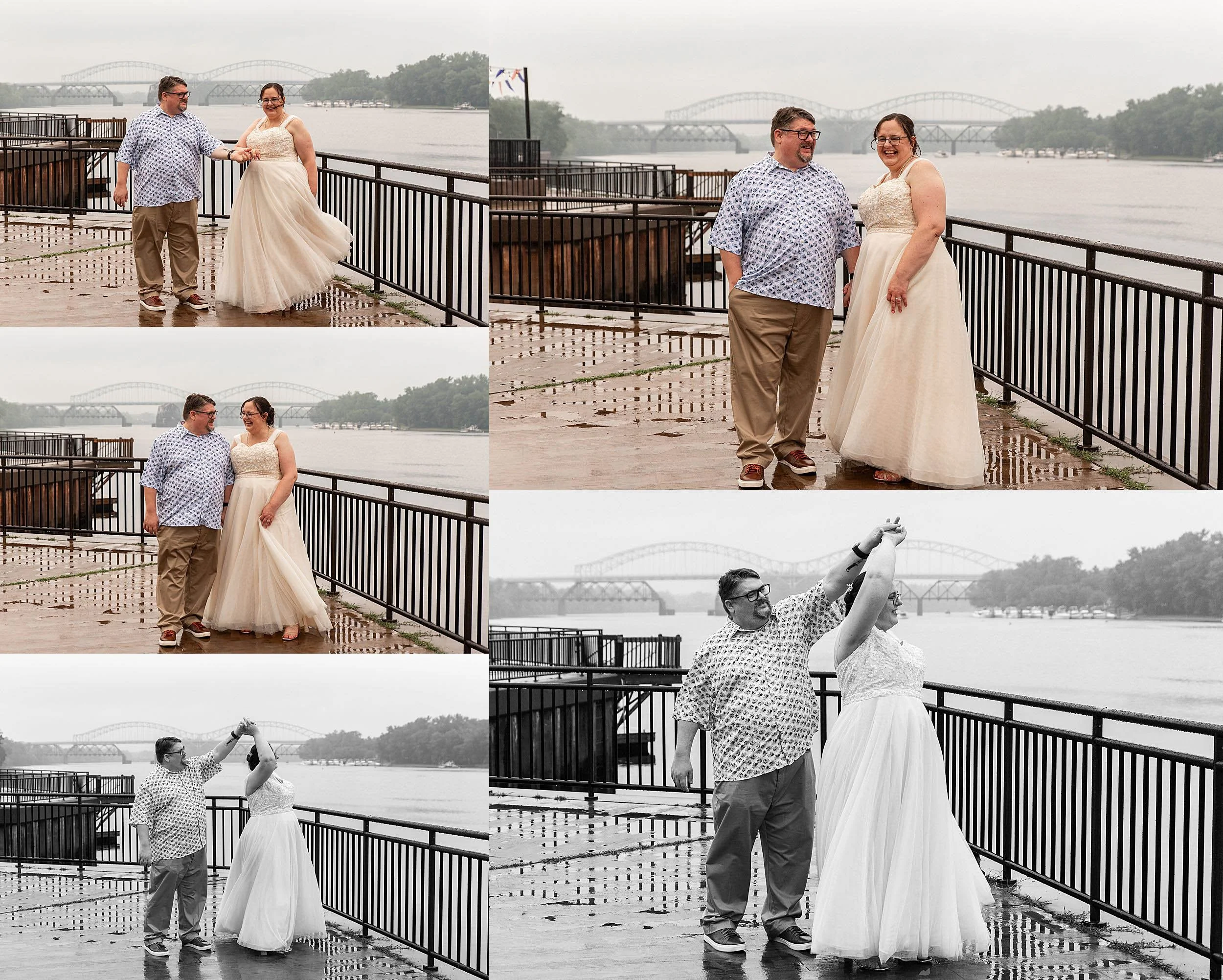 groom spins bride around on boardwalk along the Connecticut River in Middletown