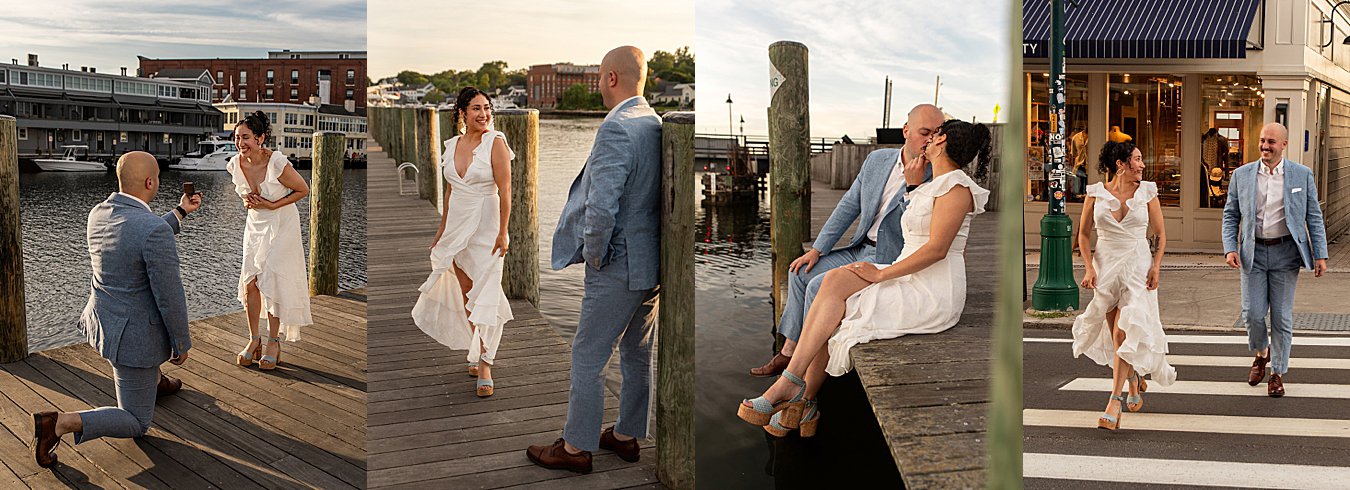 Surprise engagement photography captured on the boardwalk in Mystic, CT