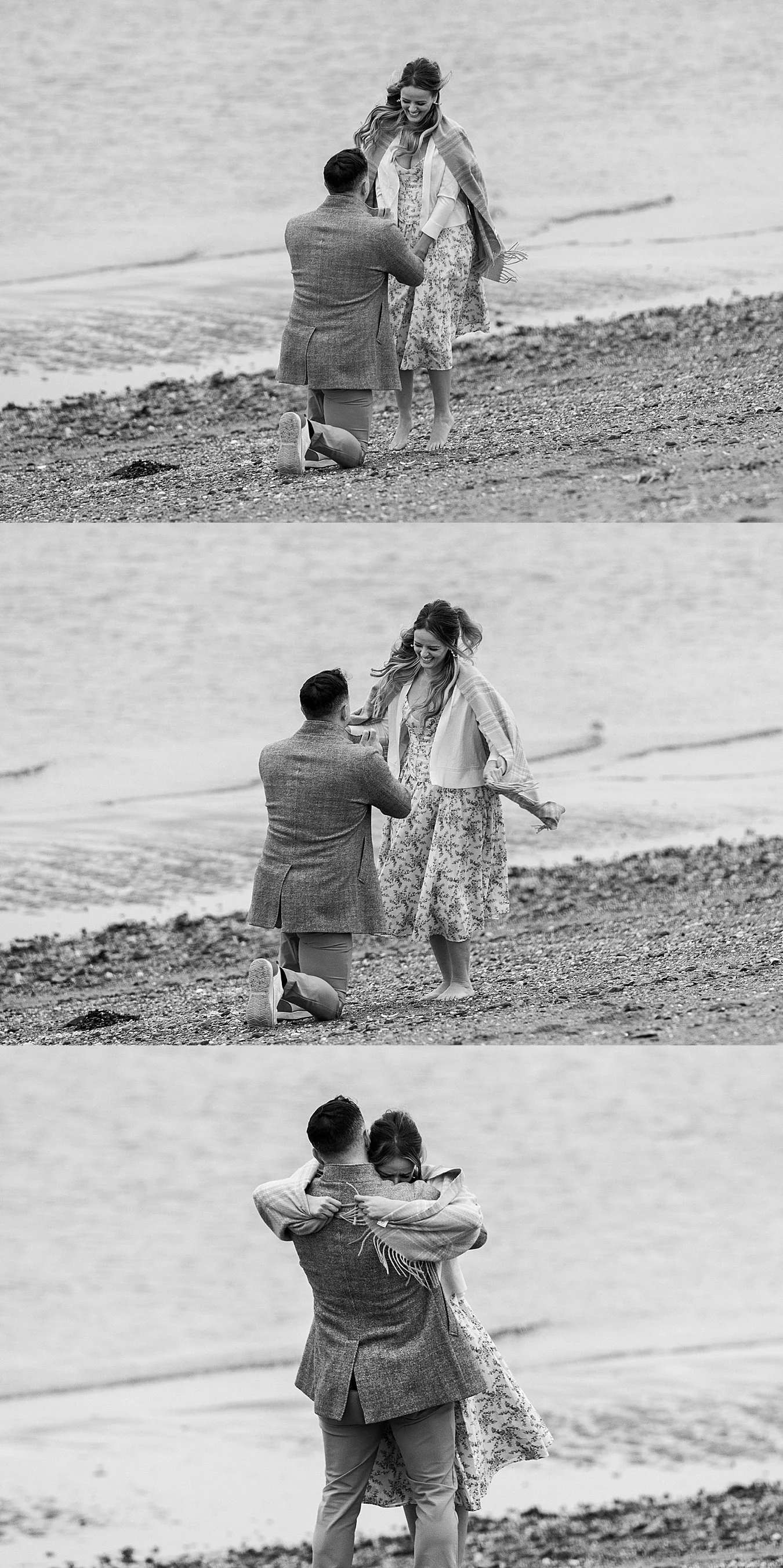 A man kneeling during a surprise proposal at Silver Sands State Park in Milford CT.