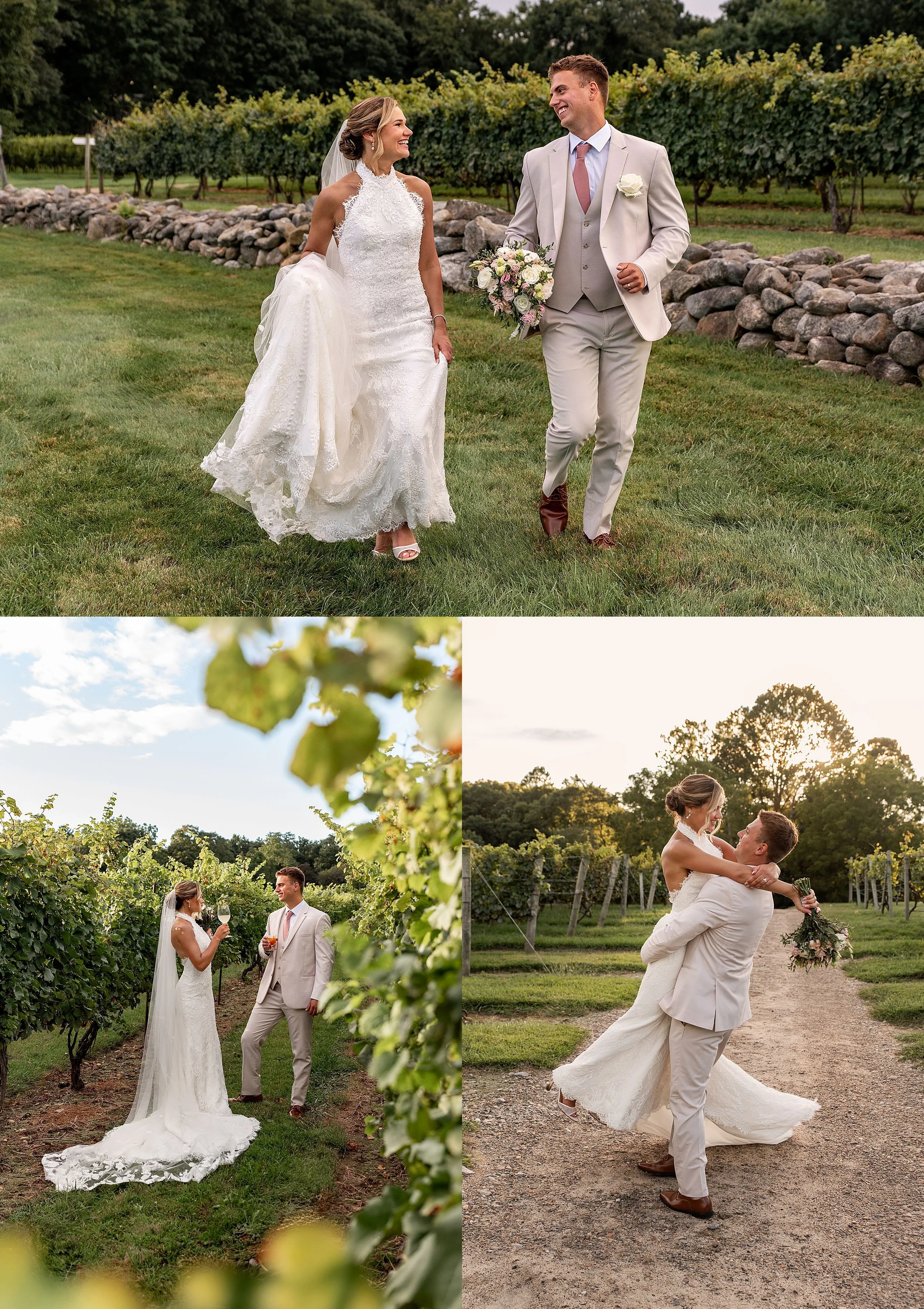 candid and fun Connecticut wedding photographer, Rebecca Lynne capturing bride and groom running together and groom picking up and spinning bride in the vineyard in Clinton, CT