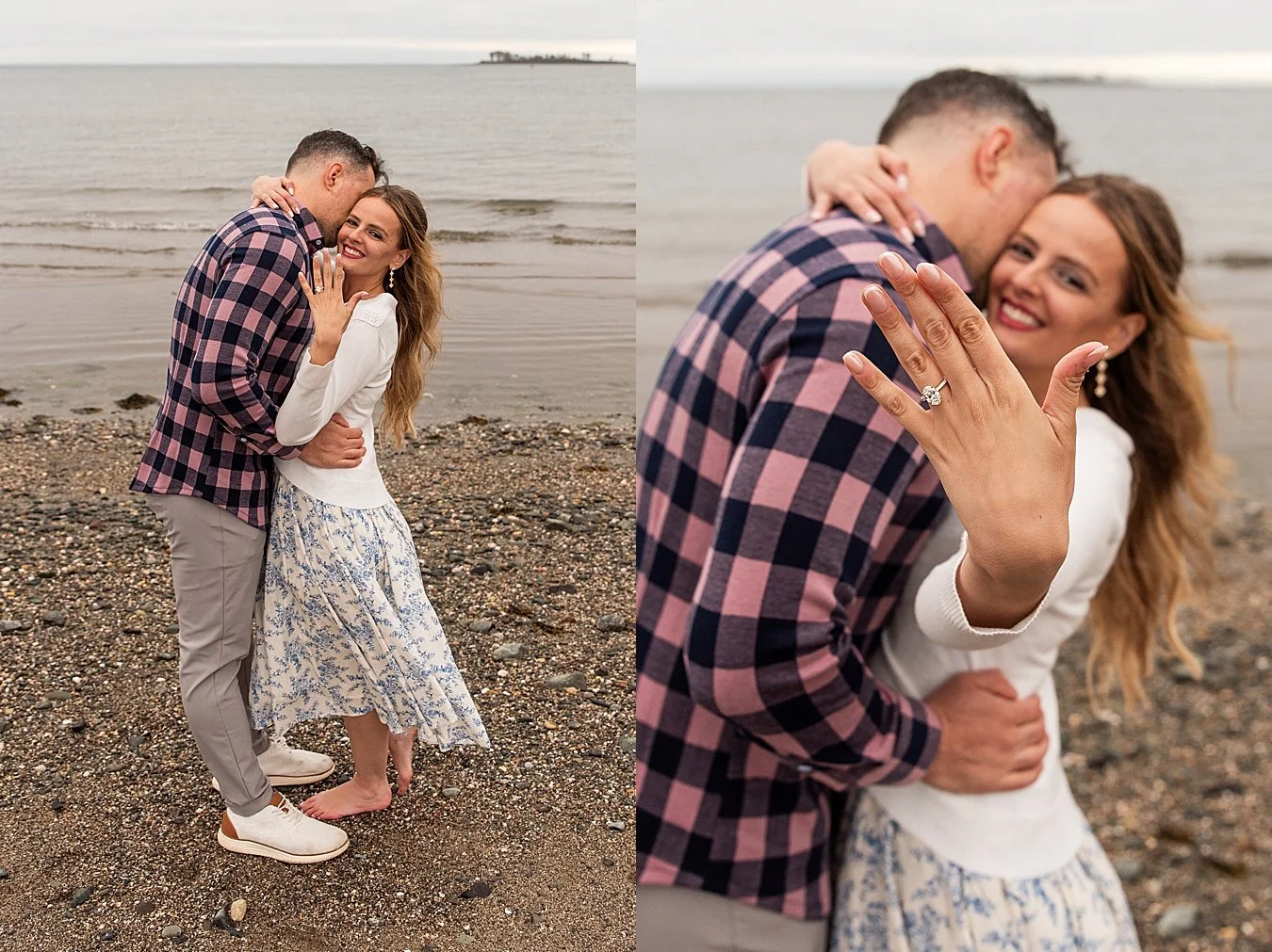 Close up of an engagement ring on the beach with the Milford CT shoreline in the background.