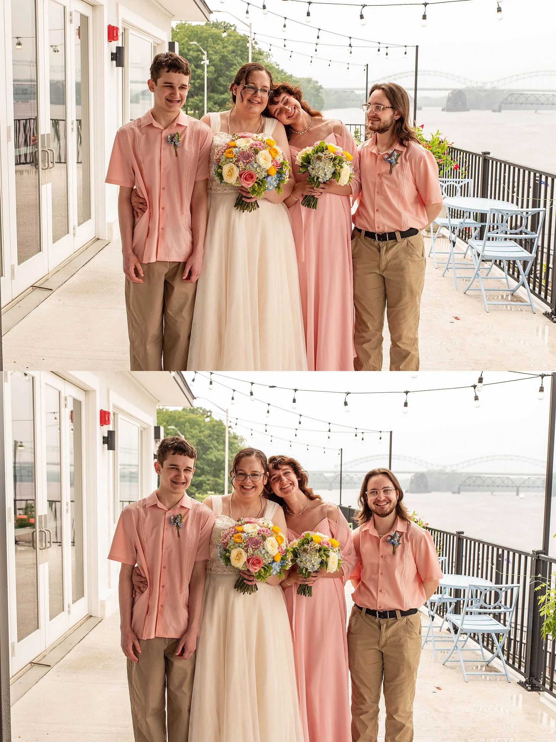 bride with her adult children on her wedding day