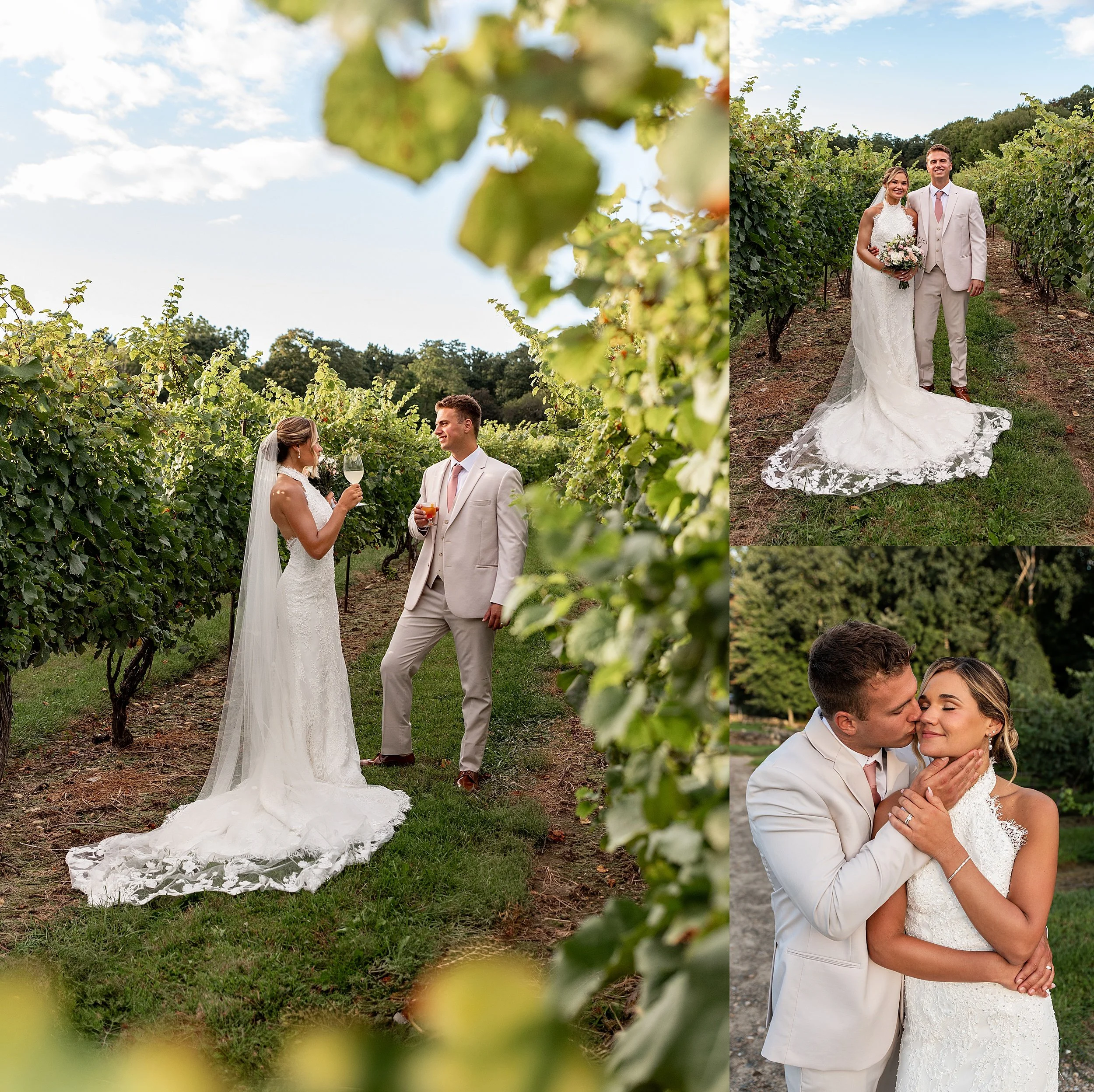 A candid, peeking-in perspective of a bride and groom drinking their signature cocktails among the grapevines at sunset.