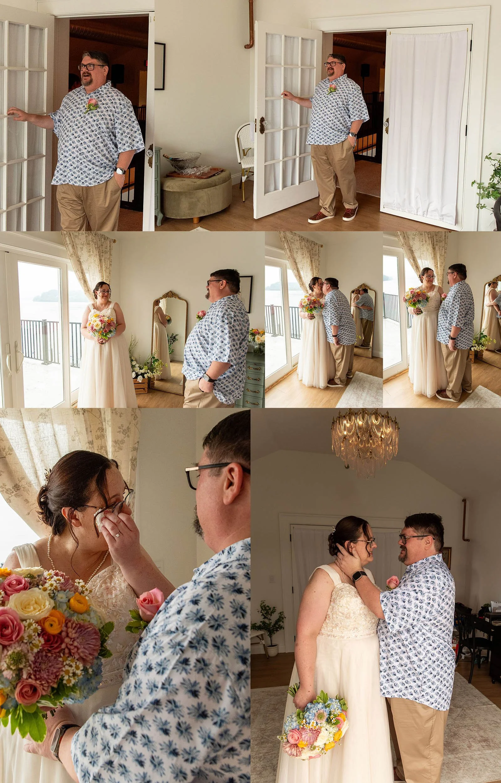 bride and groom share emotional first look in bridal suite on rainy wedding day