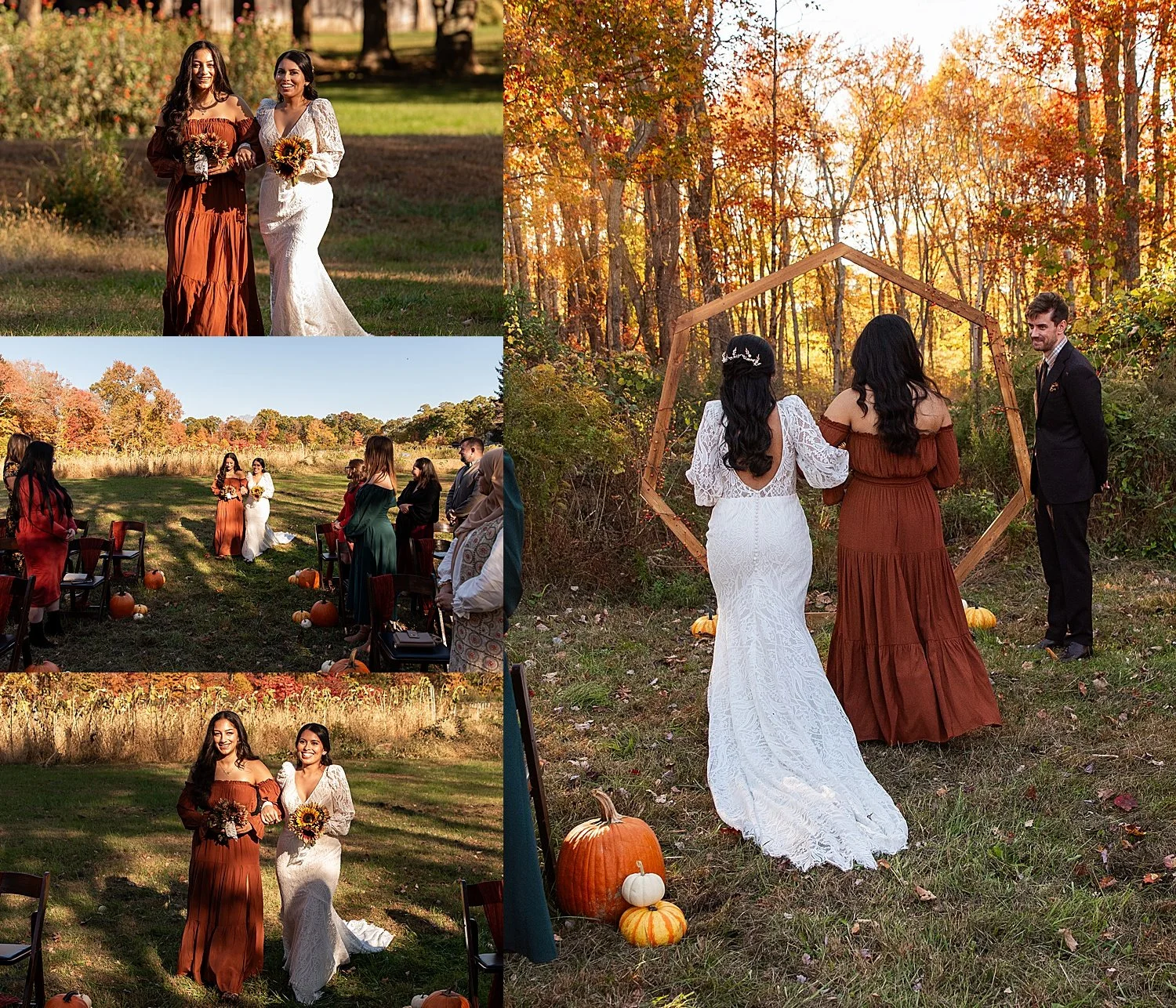 sister walking bride down the isle of small intimate wedding in Connecticut