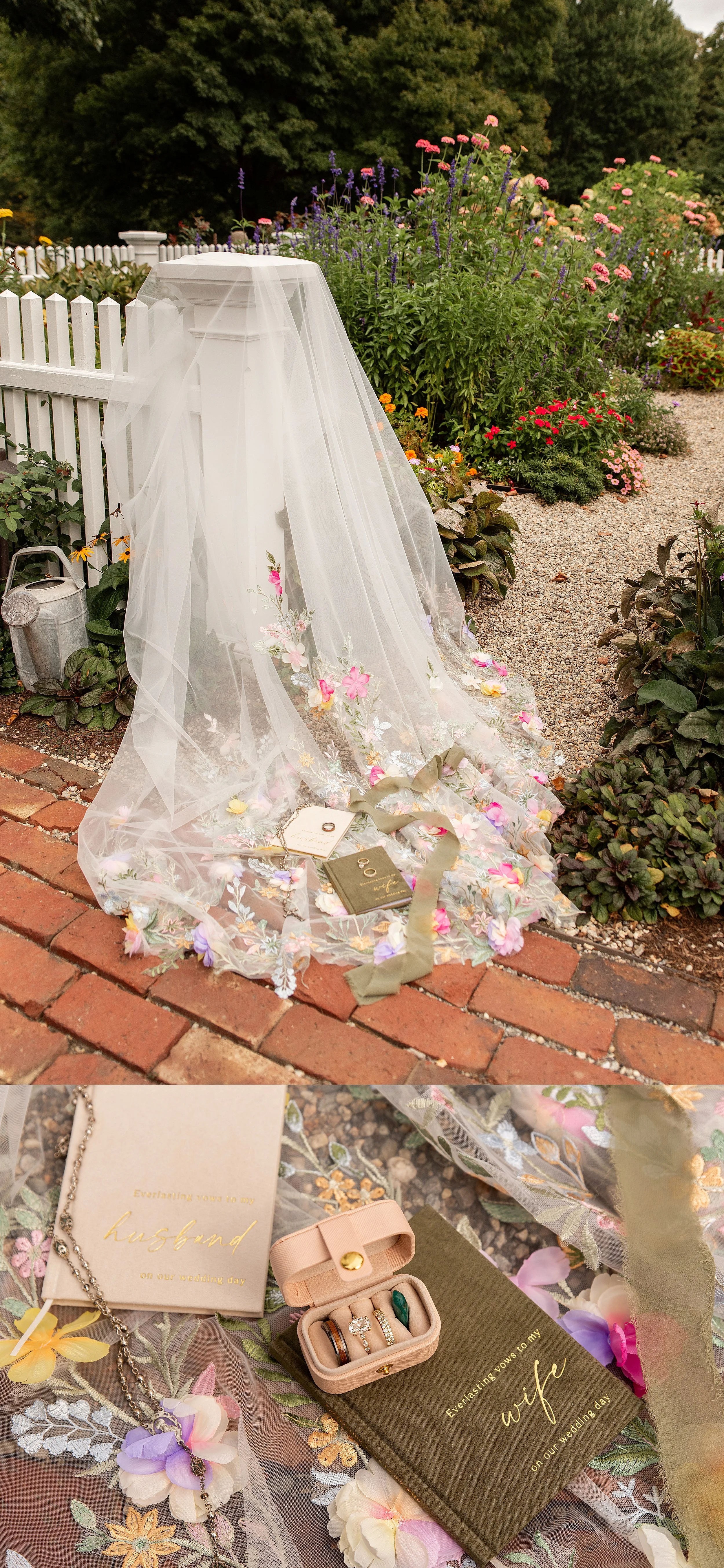 A close-up detail shot of a wedding ring and a unique bridal veil with colorful flowers sewn into it, styled in a garden